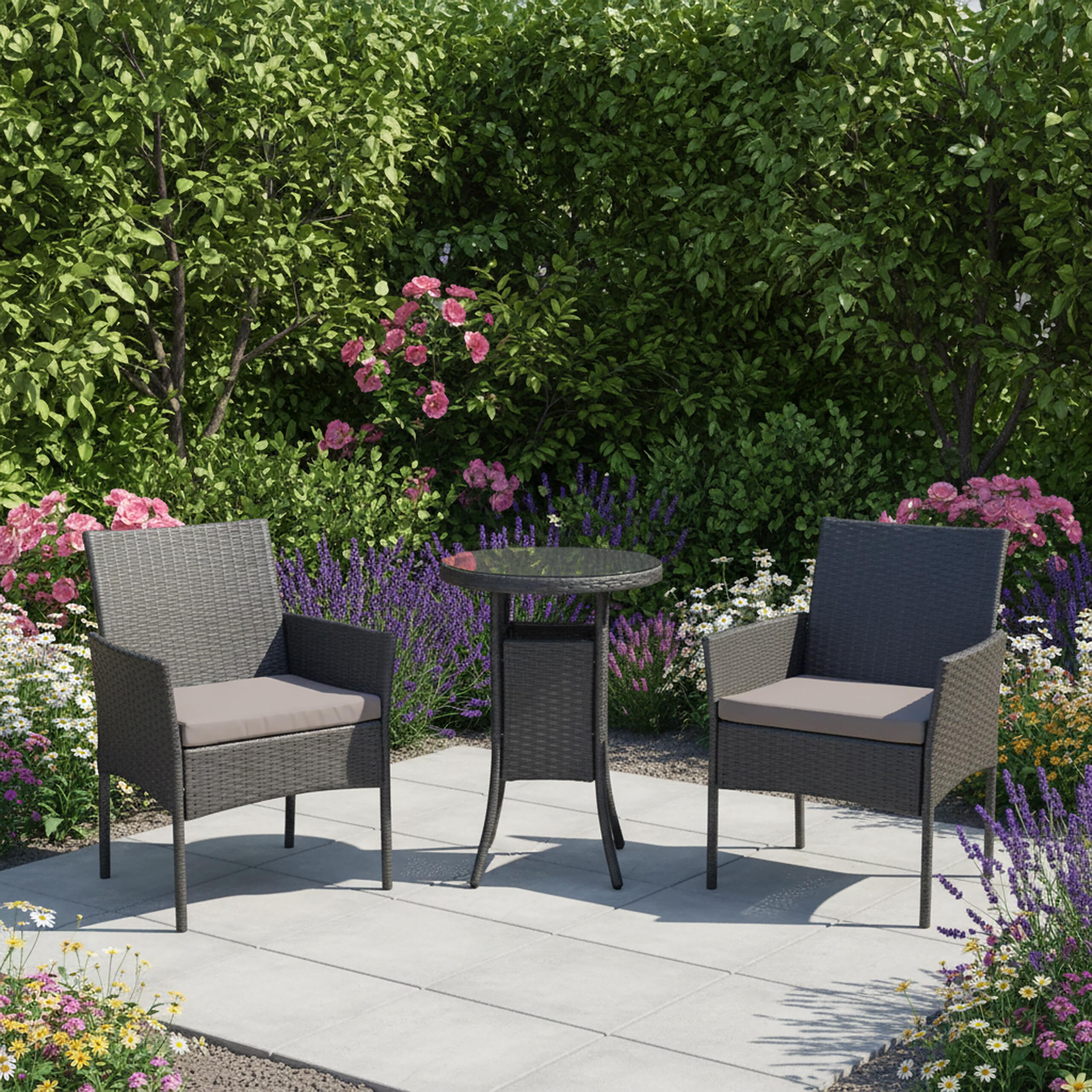Relaxdays Ensemble Jardin 3 pcs, Salon résine tressée 2 pers., 2 fauteuils + Table Verre, extérieur, Noir