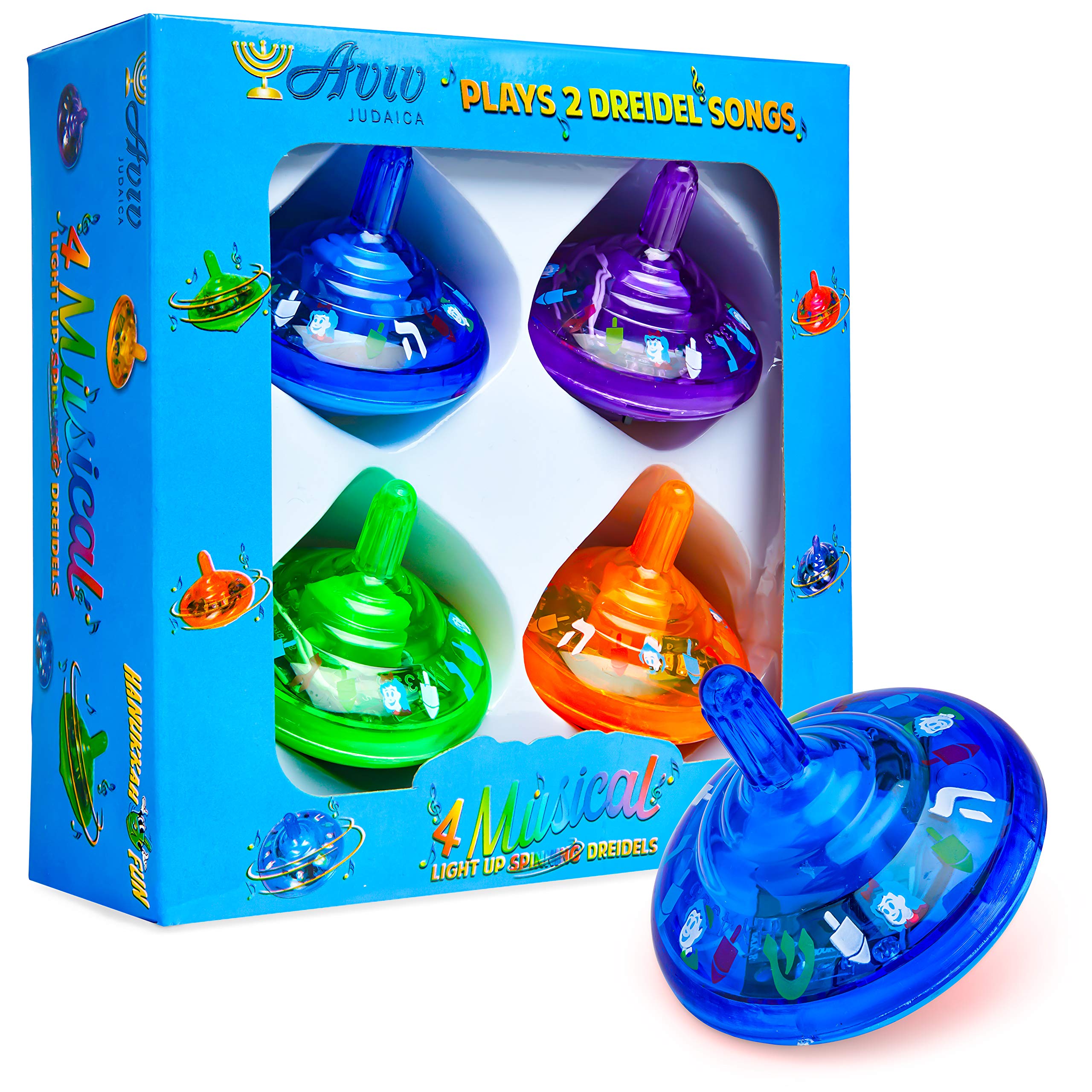 Dreidel-Set mit Musik, beleuchtet, Hanukkah-Kreisel, spielt 2 klassische Chanukka-Songs – verschiedene Farben (4 Stück)