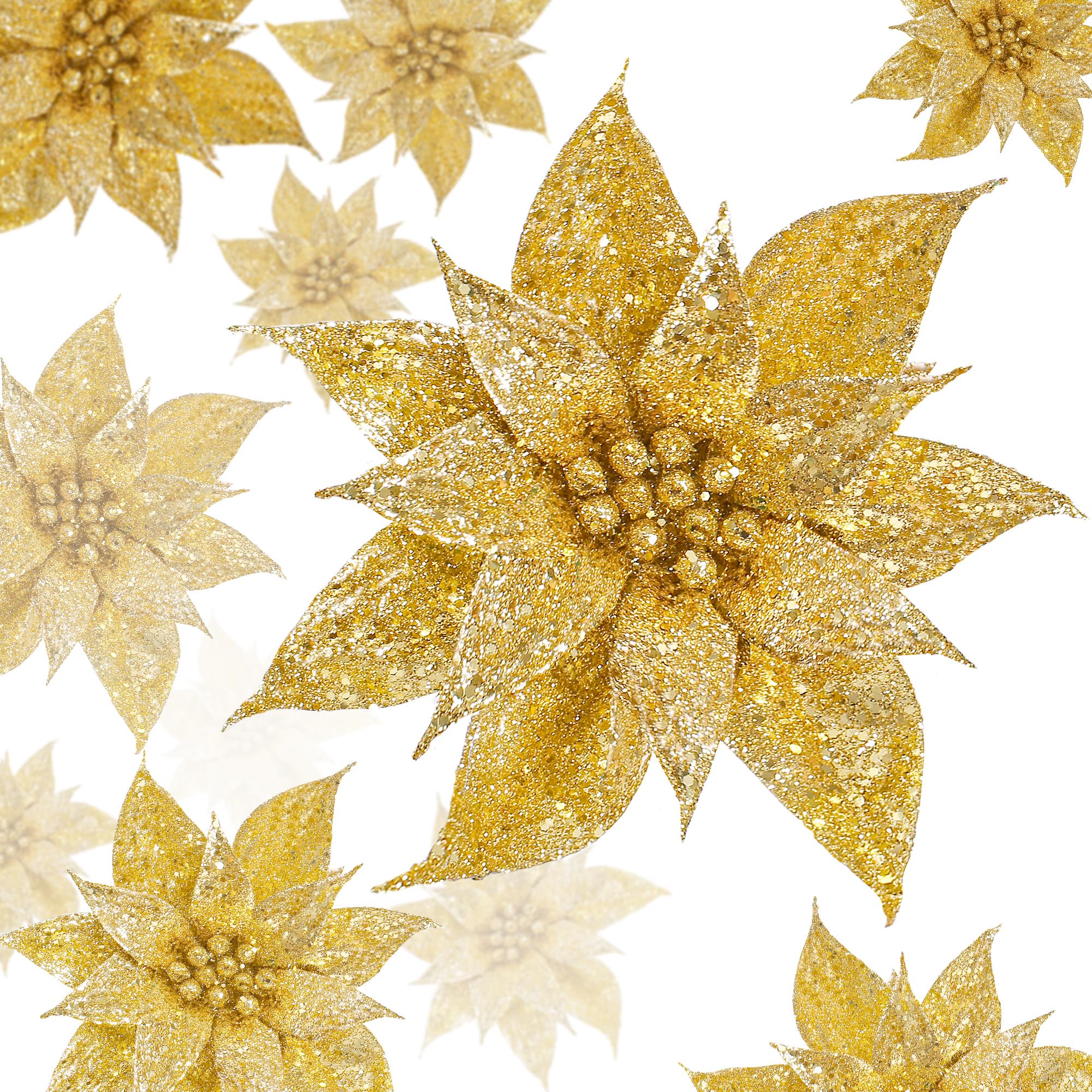 Sggvecsy 15 Pcs Christmas Glitter Flowers Christmas Tree Ornaments Shining Artificial Poinsettia Christmas Flowers Decoration with Clips for Xmas Holiday Wedding Wreath Party Floral Decorations(Gold)