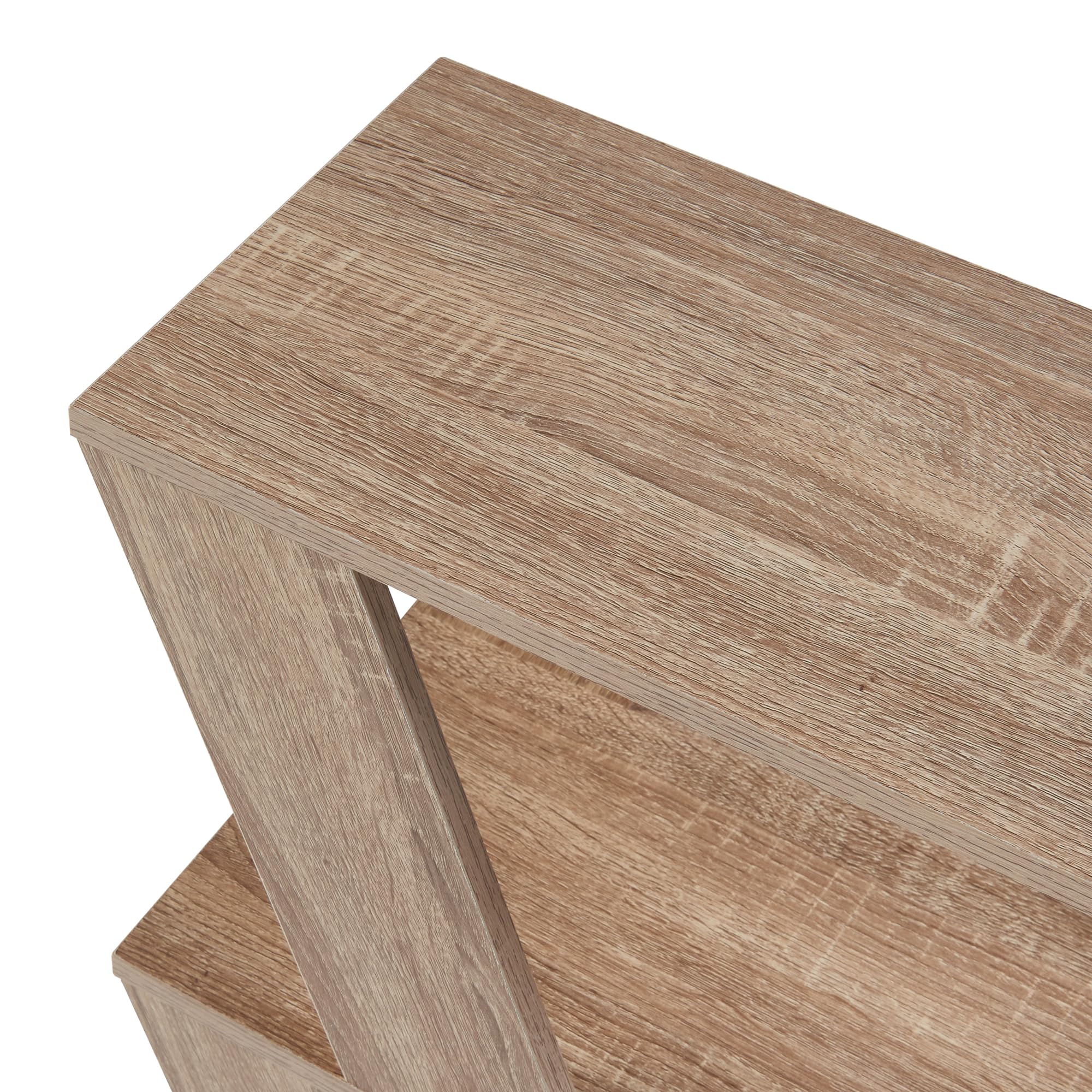 Tavolino Consolle 3 Piani Per Soggiorno – 60x22x57 Cm, Effetto Rovere, Struttura A Doghe Inclinate, Per Divano E Relax