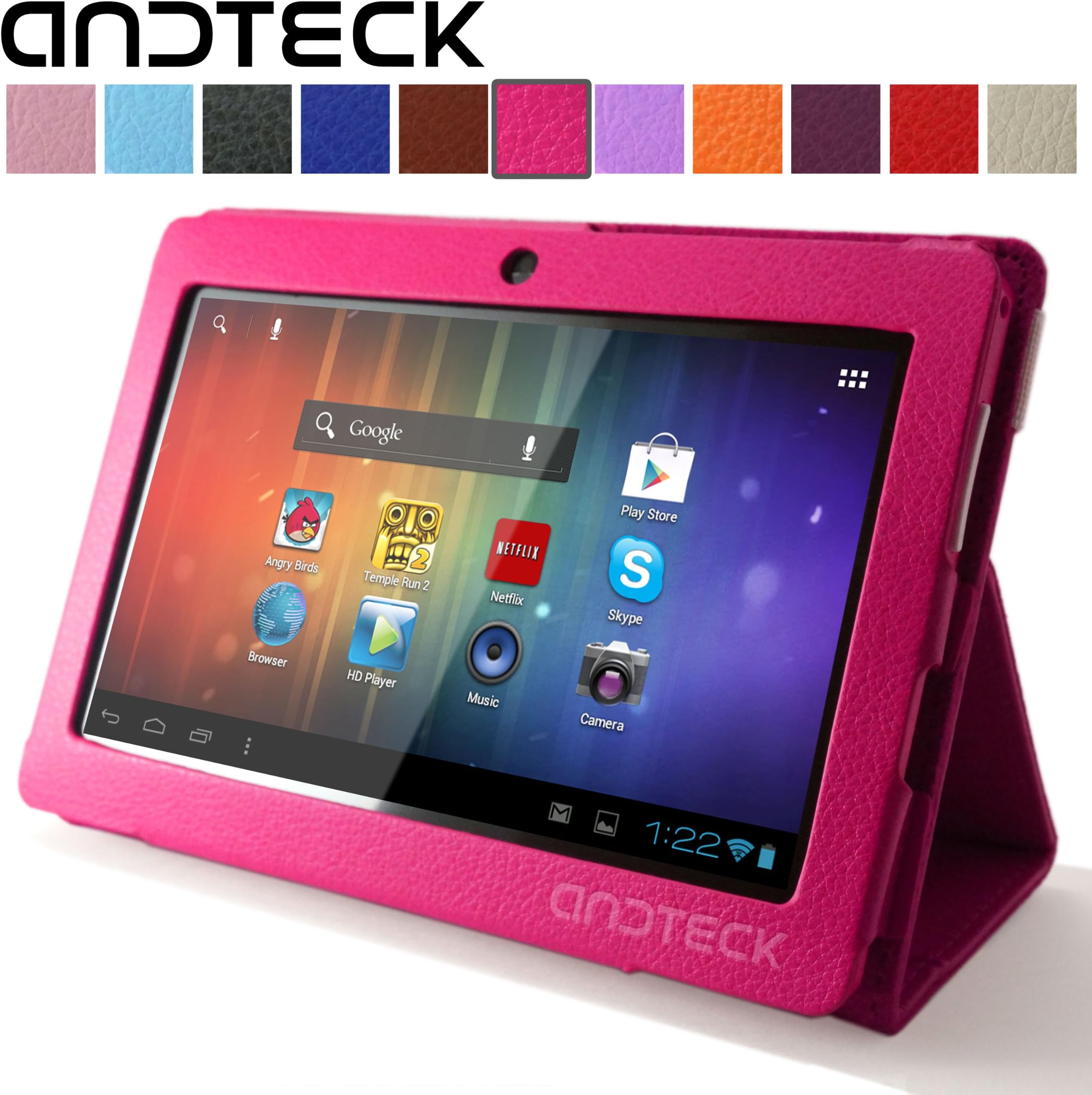 Flip Leather Case for Zeepad 7.0, Dragon Touch A13 Q88, Y88, Chromo, FastTouch, Tagital, Noria Jr, Tab Nero 7" Tablet PCs w/Dual Camera [Protector/Stand] (Hot Pink)