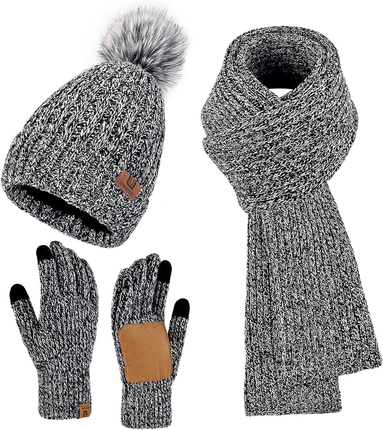 Womens Winter Beanie Hat Scarf Gloves Set Warm Knit Beanie with Pom Pom Long Scarf Touchscreen Gloves 3 in 1 Set
