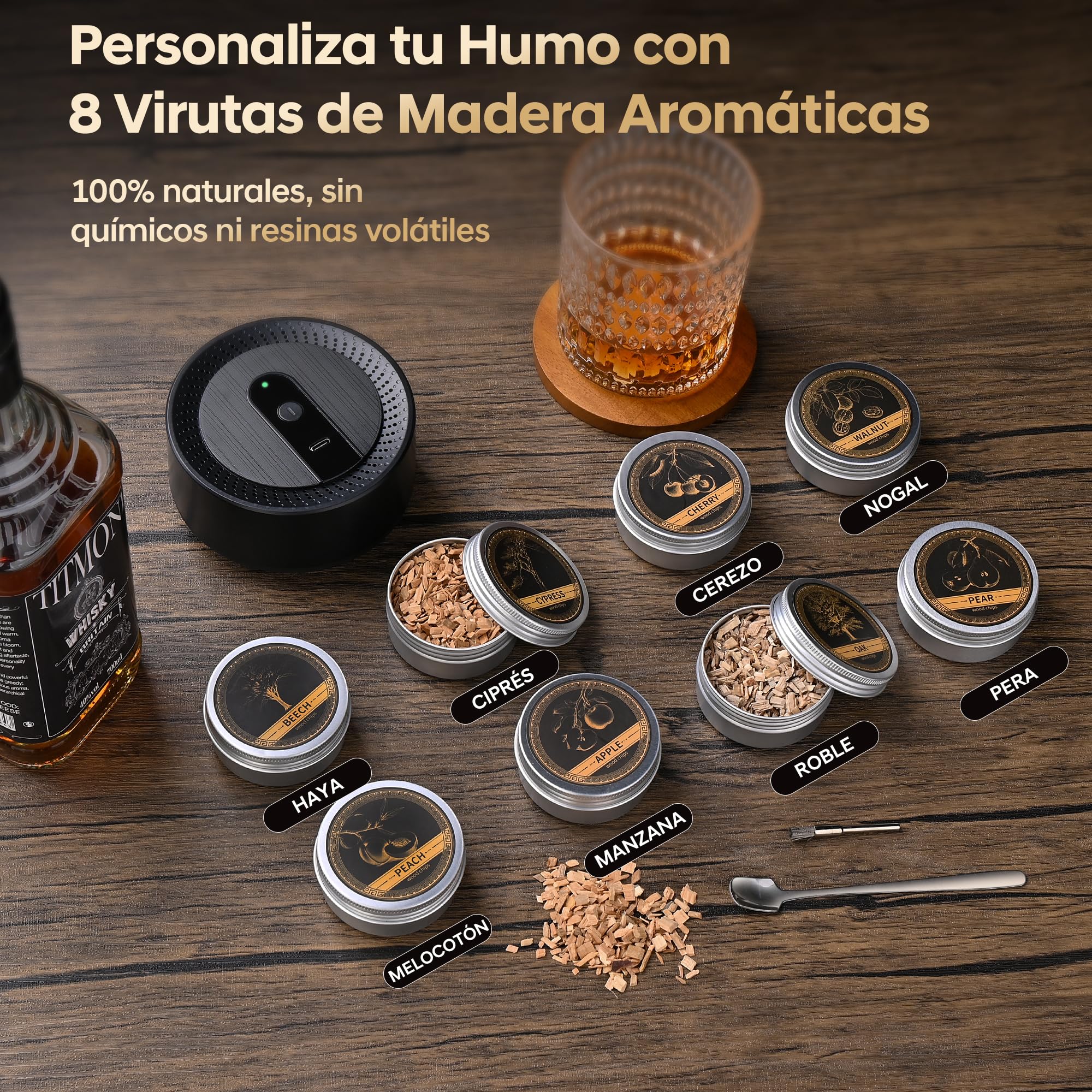 Kit Ahumador Eléctrico Para Cócteles, Ahumador Whisky Old Fashioned Con 8 Sabores de Virutas de Madera, Recargable USB-C Para Bebidas, Bourbon, Cócteles, Vino, Café Y Alimento, Regalo hombres