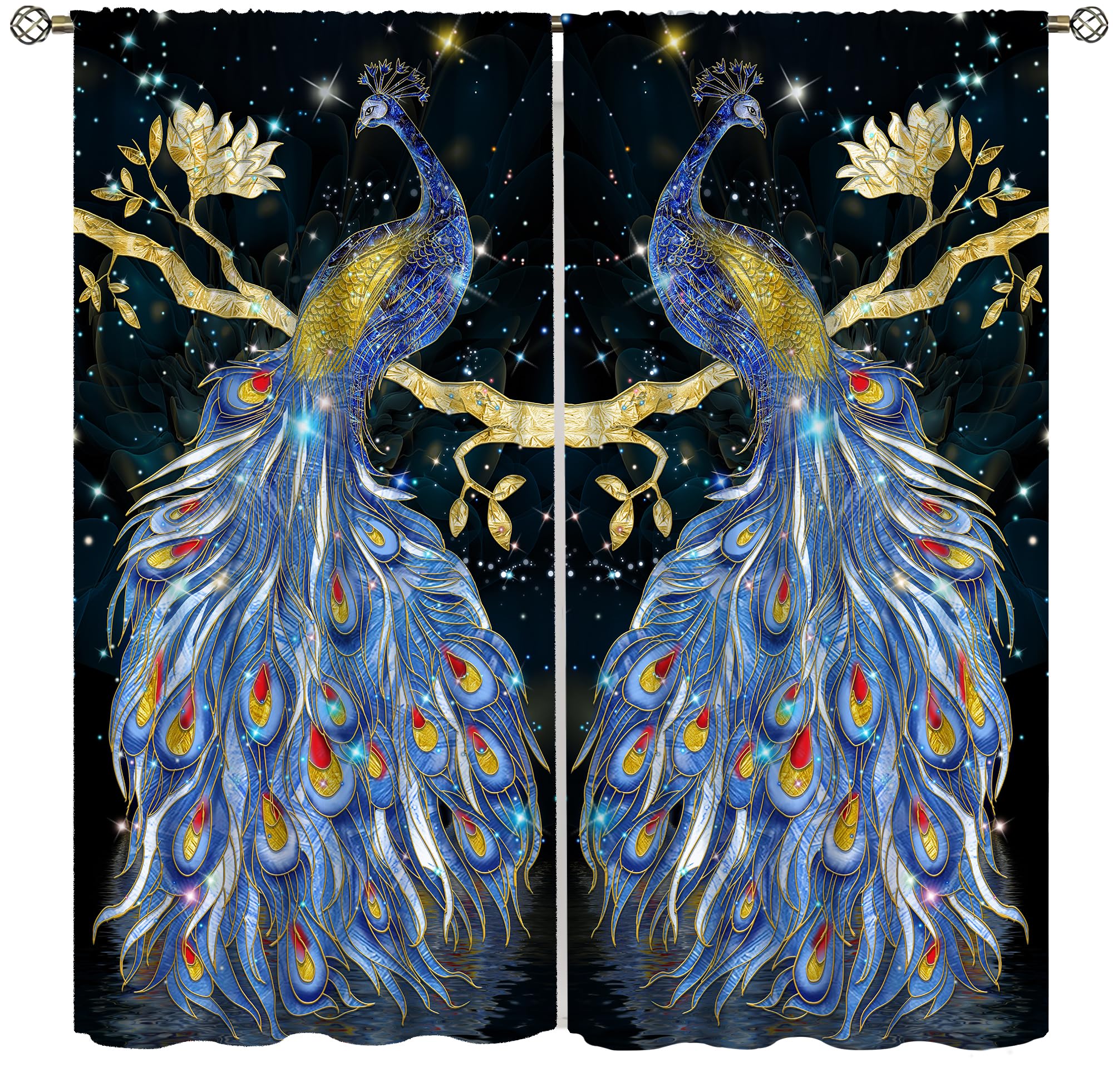 Fantasy Peacock Blackout Curtains for Bedroom,Blue Star Gemstone Fantasy Fairy Glitter Feather Flower Peacock Bird Window Drapes for Girls Kids Women