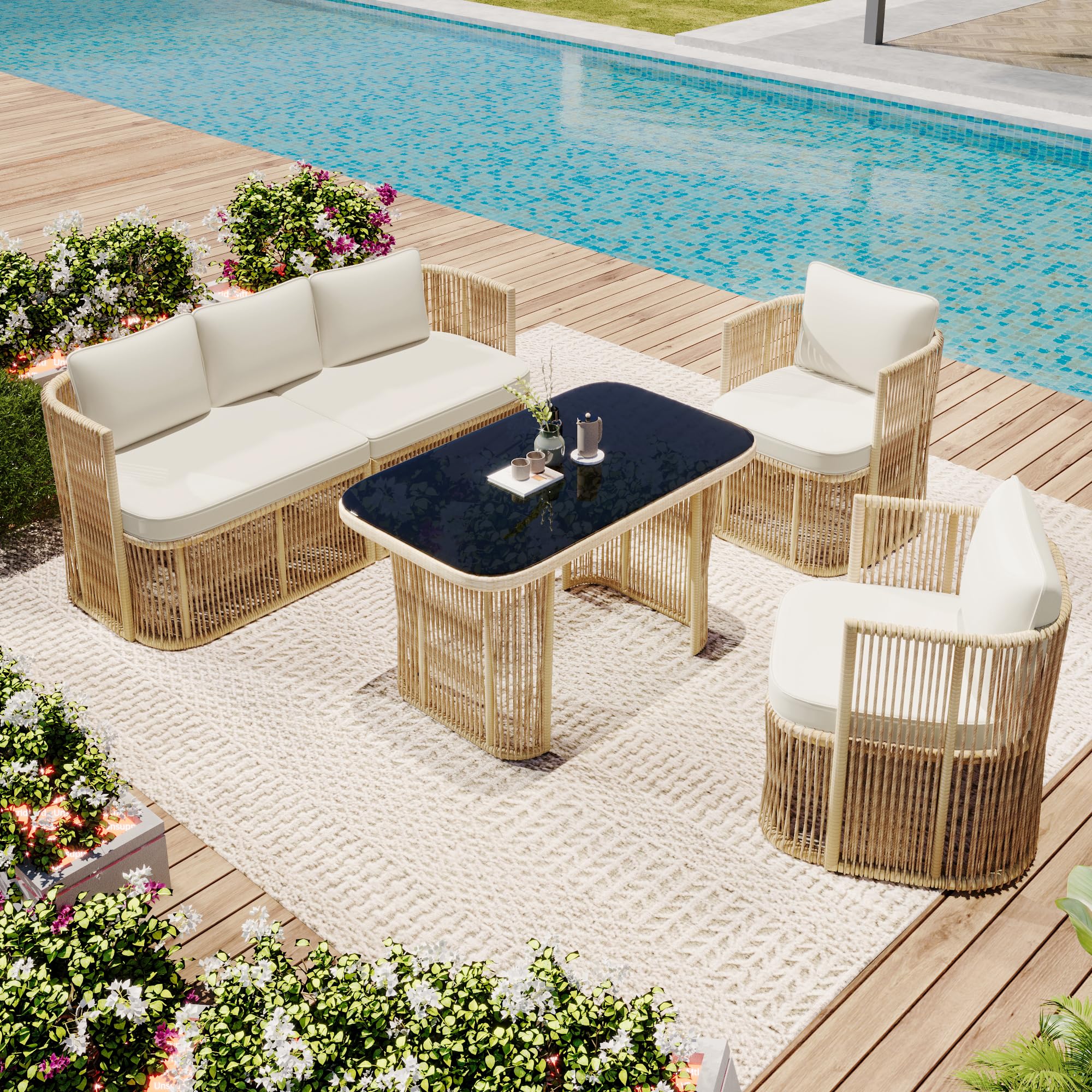 Conjunto de Jardin Exterior de Ratán para 5 Personas, 4 Piezas, Set Muebles Jardin con Mesa y 2 Sillones, Sillas con Cojines, Juego de Muebles de Jardín para Patio Terraza (Beige + Negro)