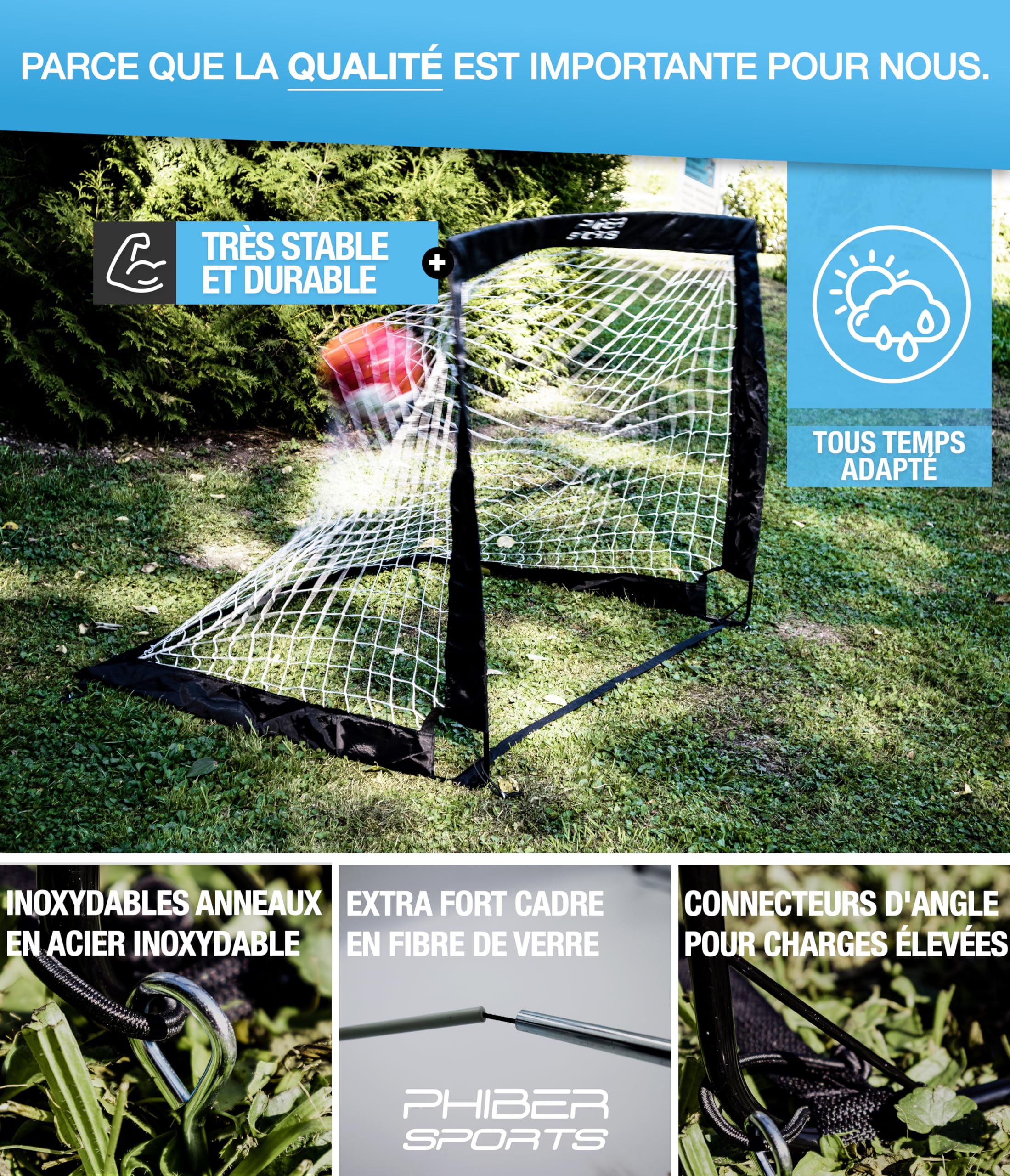 Set De 2 Buts De Foot Enfant PHIBER-SPORTS 2023 – Barres Renforcées Fibre De Verre, 120x90 Cm, Sac, Cônes Et Cibles Inclus