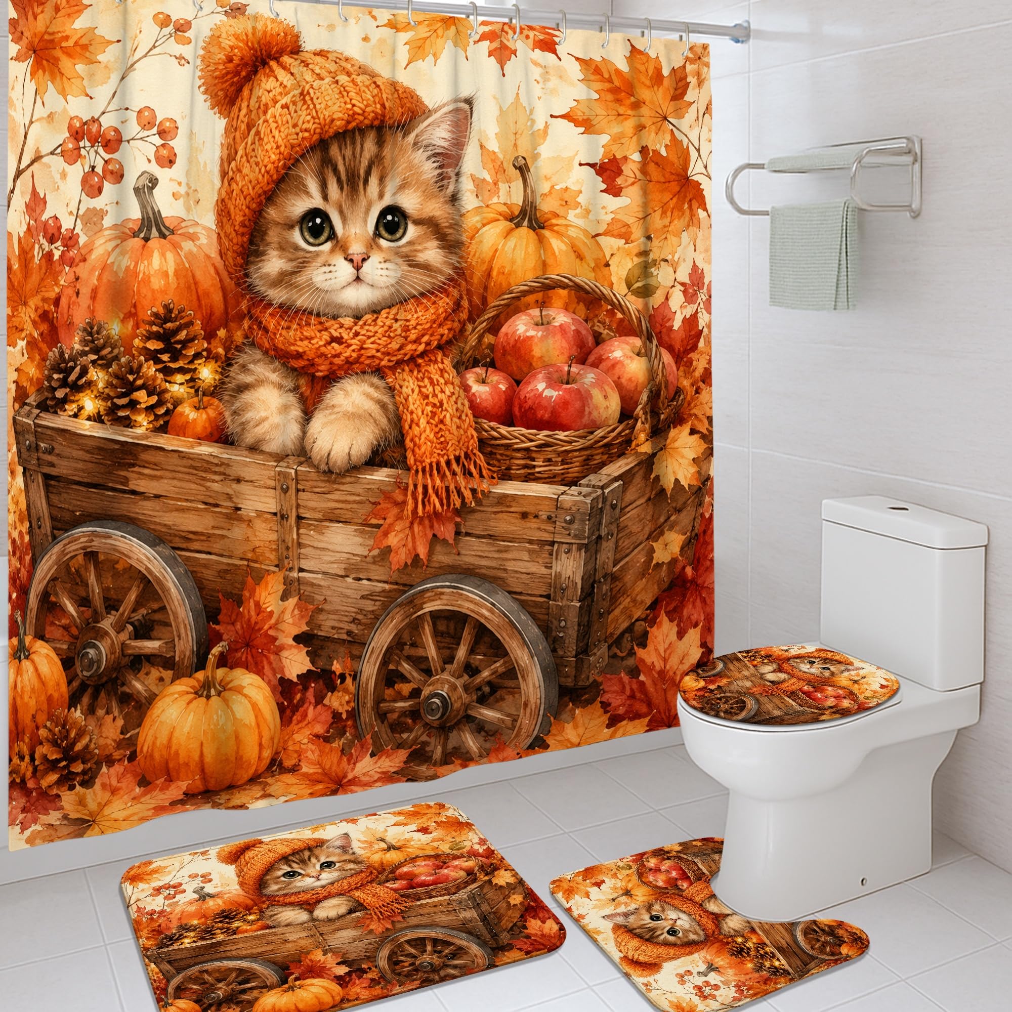 Rideaux de douche citrouilles et pommes pour une ambiance cocooning dans votre salle de bain