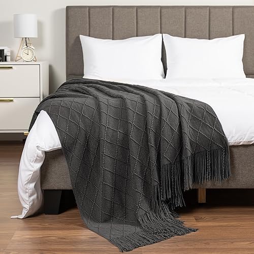 Miniatura 2 de PAVILIA Manta tejida gris oscuro para sofá, cama individual, suave manta de estilo granja para sofá de sala de estar, ligera manta decorativa de
