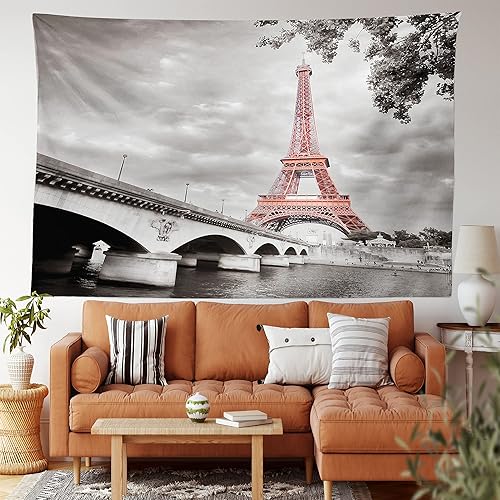 Ambesonne Tapiz de París, puente de la torre Eiffel, capital, paisaje nublado, impresión de imagen de estilo monocromático, colgante de pared ancho