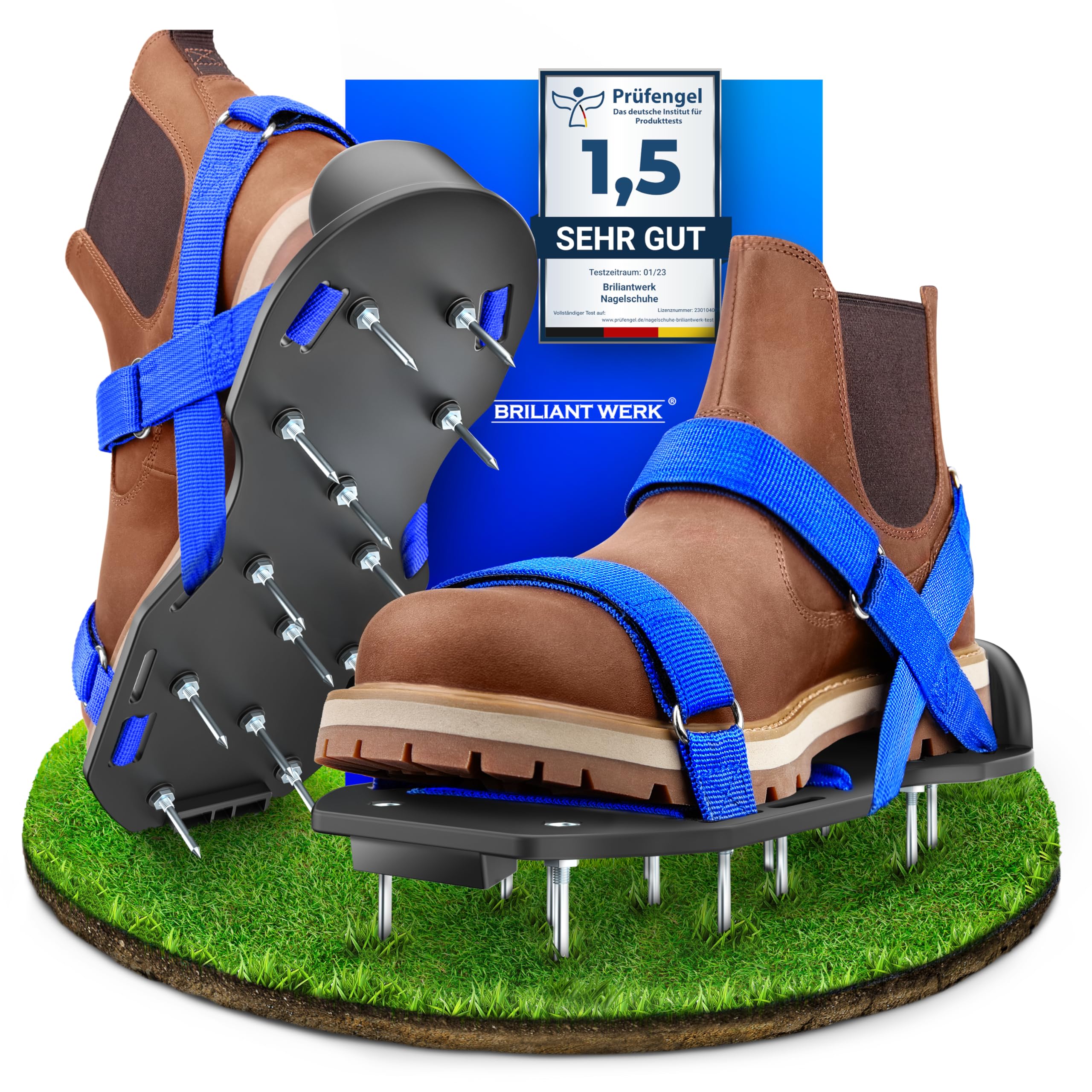 Briliantwerk Nail shoes with Velcro fastener, for aerating lawns or as screed shoes, lawn aerator shoes as a perfect aerator, includes two nail lengths, the ideal lawn aerator, blue