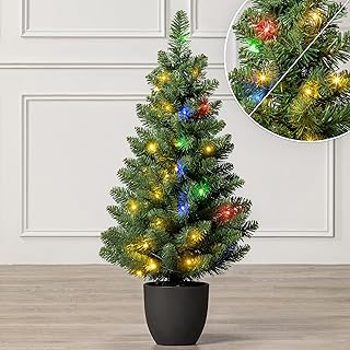 Christow 3ft Pre-Lit Christmas Tree, Dual-Colour LED Lights (Switch from Warm White to Multi-Coloured), Avila Spruce, Dual-Toned Tips, 5 Modes – Colour Changing, Battery Powered, Timer, Indoor/Outdoor