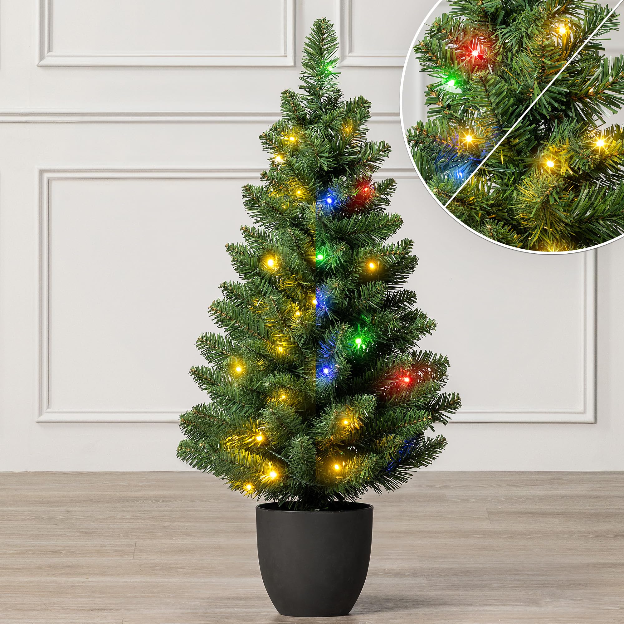 Christow 3ft Pre-Lit Christmas Tree, Dual-Colour LED Lights (Switch from Warm White to Multi-Coloured), Avila Spruce, Dual-Toned Tips, 5 Modes – Colour Changing, Battery Powered, Timer, Indoor/Outdoor