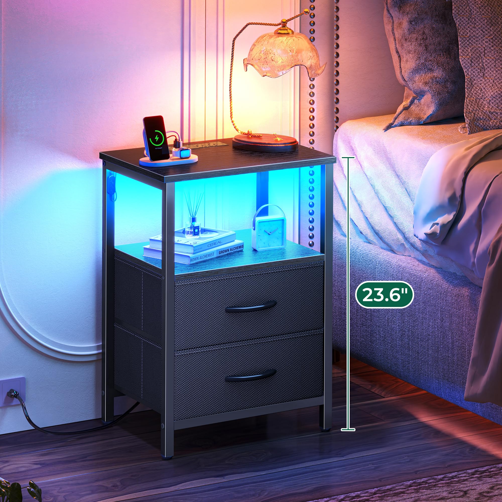 Huuger Table de Nuit avec Station de Chargement et lumières LED, Table de Chevet à 2 tiroirs, Table d'appoint de lit avec étagère Ouverte, Table d'appoint, Commode en Tissu pour Chambre à Coucher,