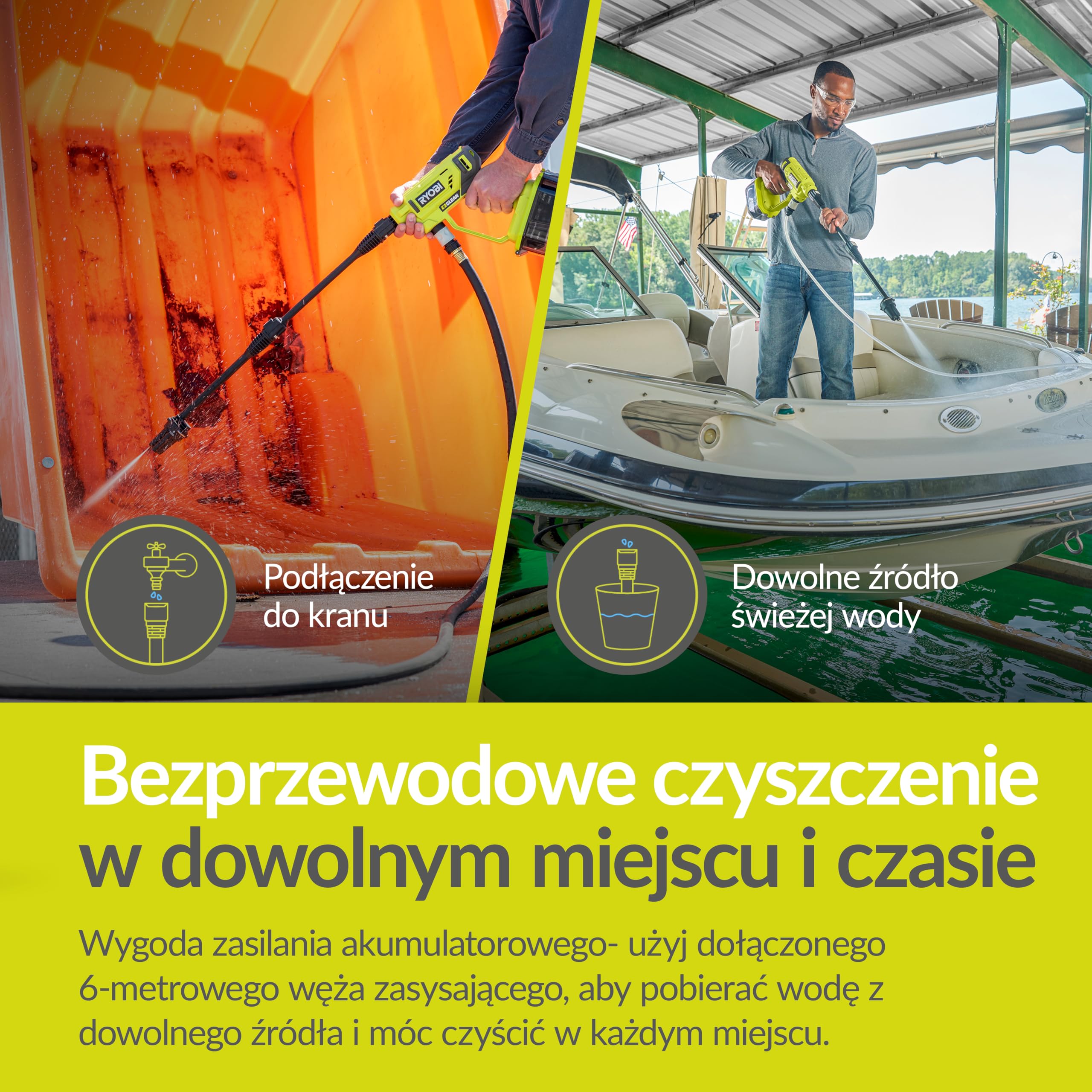 Ryobi Myjka ciśnieniowa, RY18PW22A-125, ciśnienie 22 bary, przepływ wody do 182L na godzinę, dysza 3 w 1, wąż 6 m z sitkiem i filtrem, w zestawie: 1 akumulator litowo-jonowy 2,5 Ah oraz ładowarka