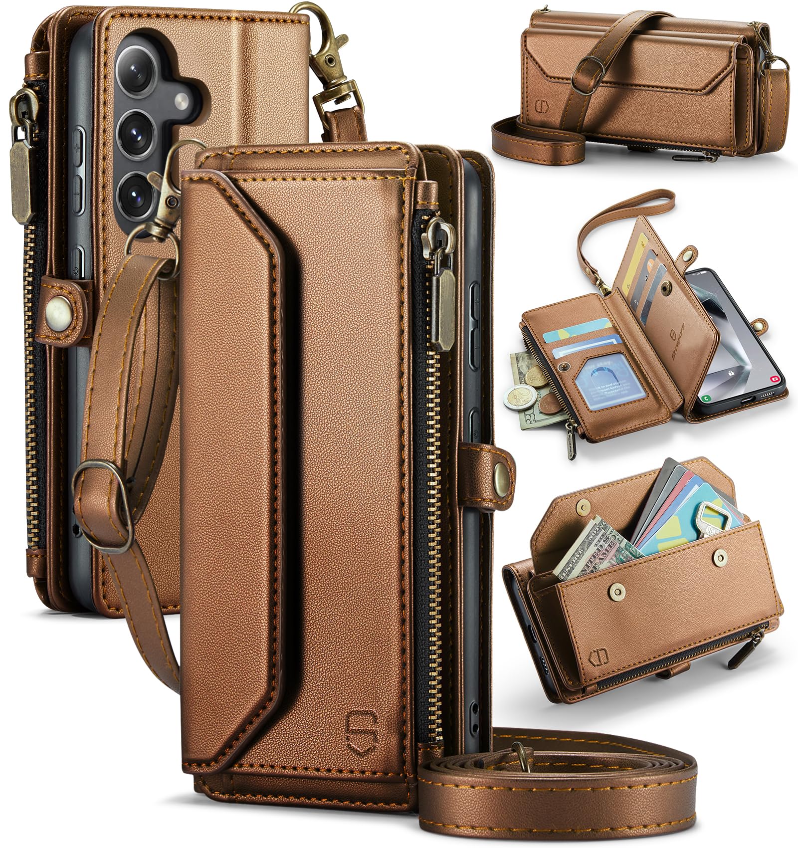 Strapurs Wallet Case Compatible with Samsung Galaxy S25 5G RFID Blocking Card Holder Soft PU Leather Magnetic Snap Shoulder Strap Zipper Pocket Phone