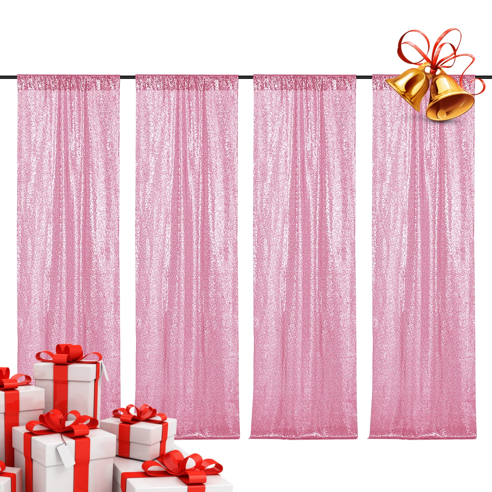 BEDDEB 4PCS Pink Sequin Backdrop Curtain, 2FTx8FT Glitter Backdrop Curtain for Christmas, Birthday, Wedding, Party Decoration Wedding Party Stage Decorations Fabric Sparkle Photography Background