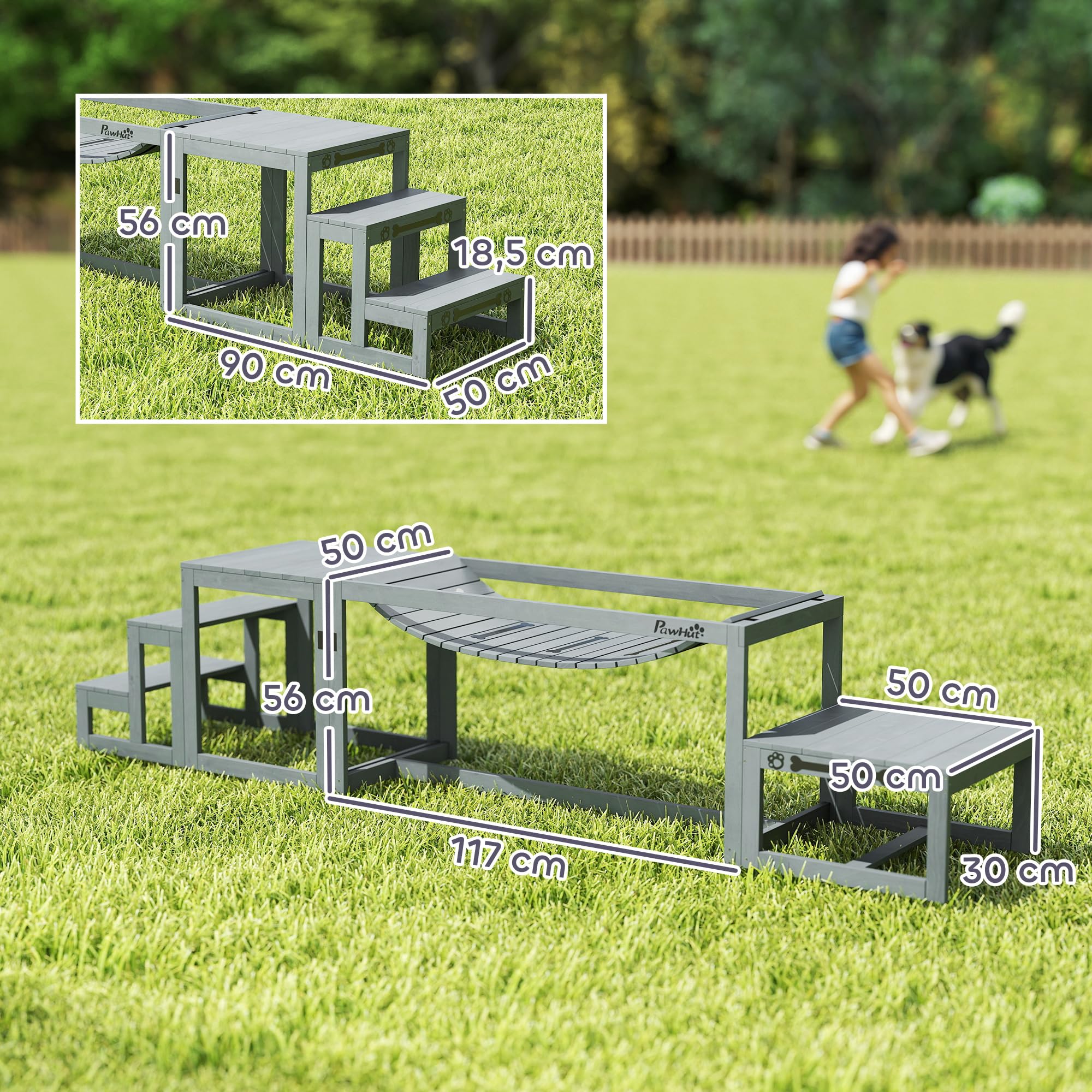 PawHut Equipo de Entrenamiento Agilidad para Perros 3 Piezas Gris | Kit de Agilidad para Perros, 3 Piezas, Plataforma de Pausa, Escalera, Madera Maciza, Material de Propiedocepción