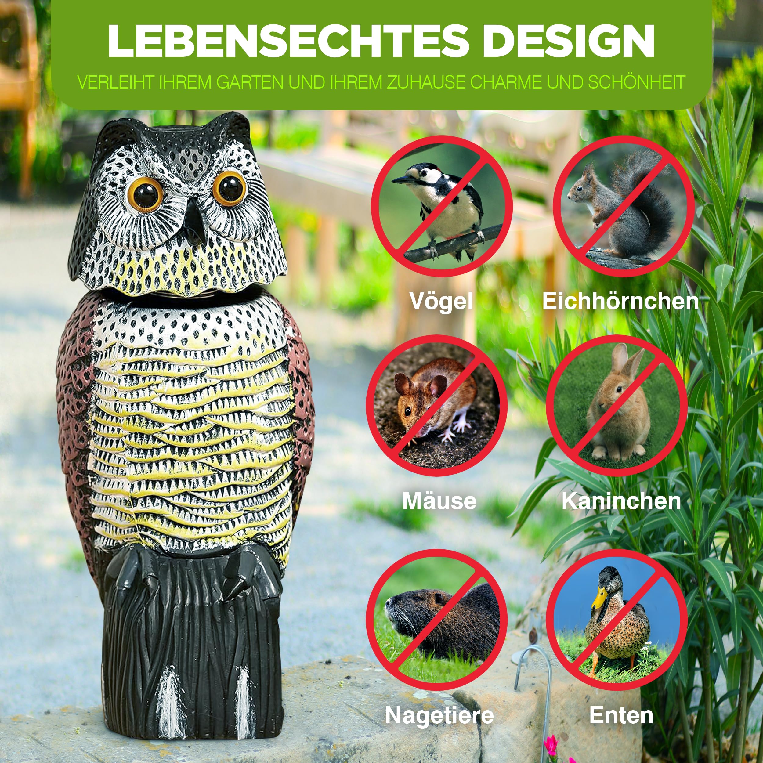 ISOTRONIC Eulen Attrappe zur Vogelabwehr – Realistischer Vogelschreck mit Wackelkopf – Taubenabwehr für Garten, Balkon & Obstbau – Taubenschreck Vogelscheuche (2 Stück)