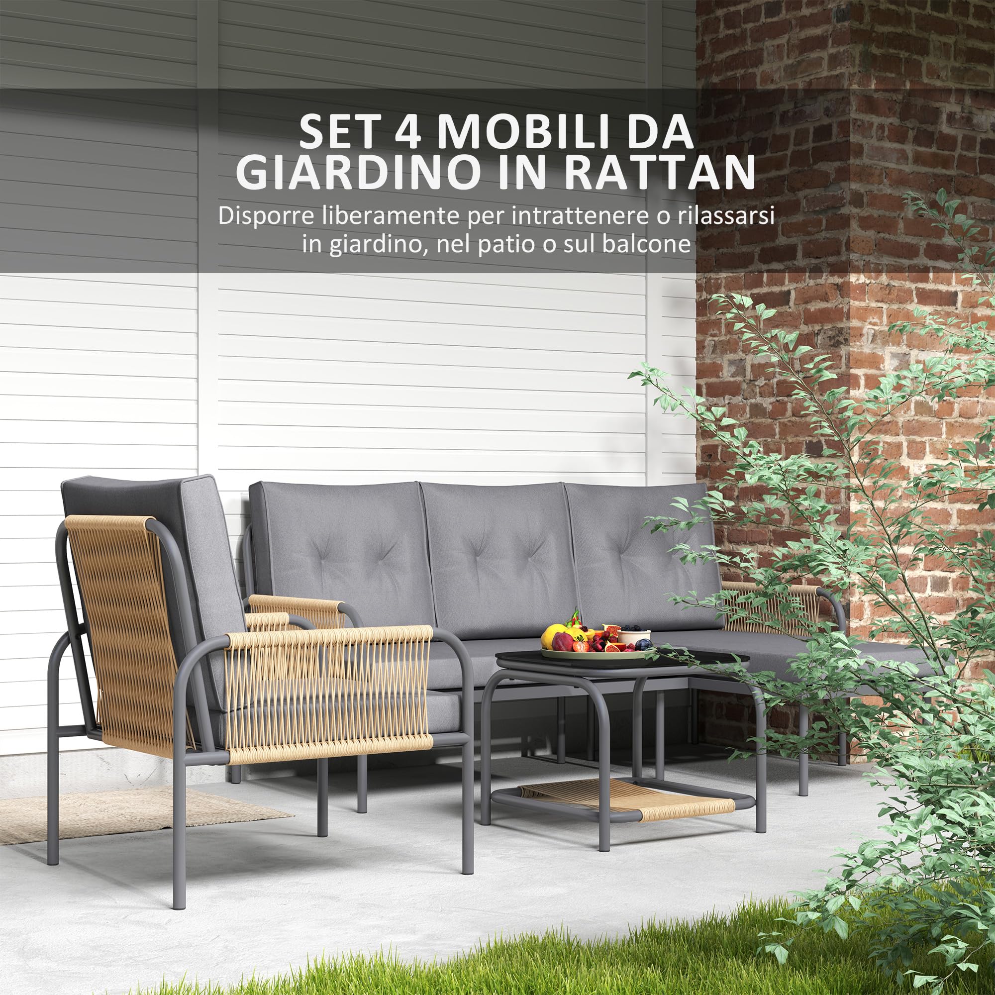 Outsunny Set di Mobili da Giardino in Rattan 4 Pezzi, Salotto da Esterno con Divanetto 2 Posti, Poltrona, Chaise Longue con Cuscini Lavabili e Tavolino in Vetro, Set Giardino Esterno, Grigio Scuro