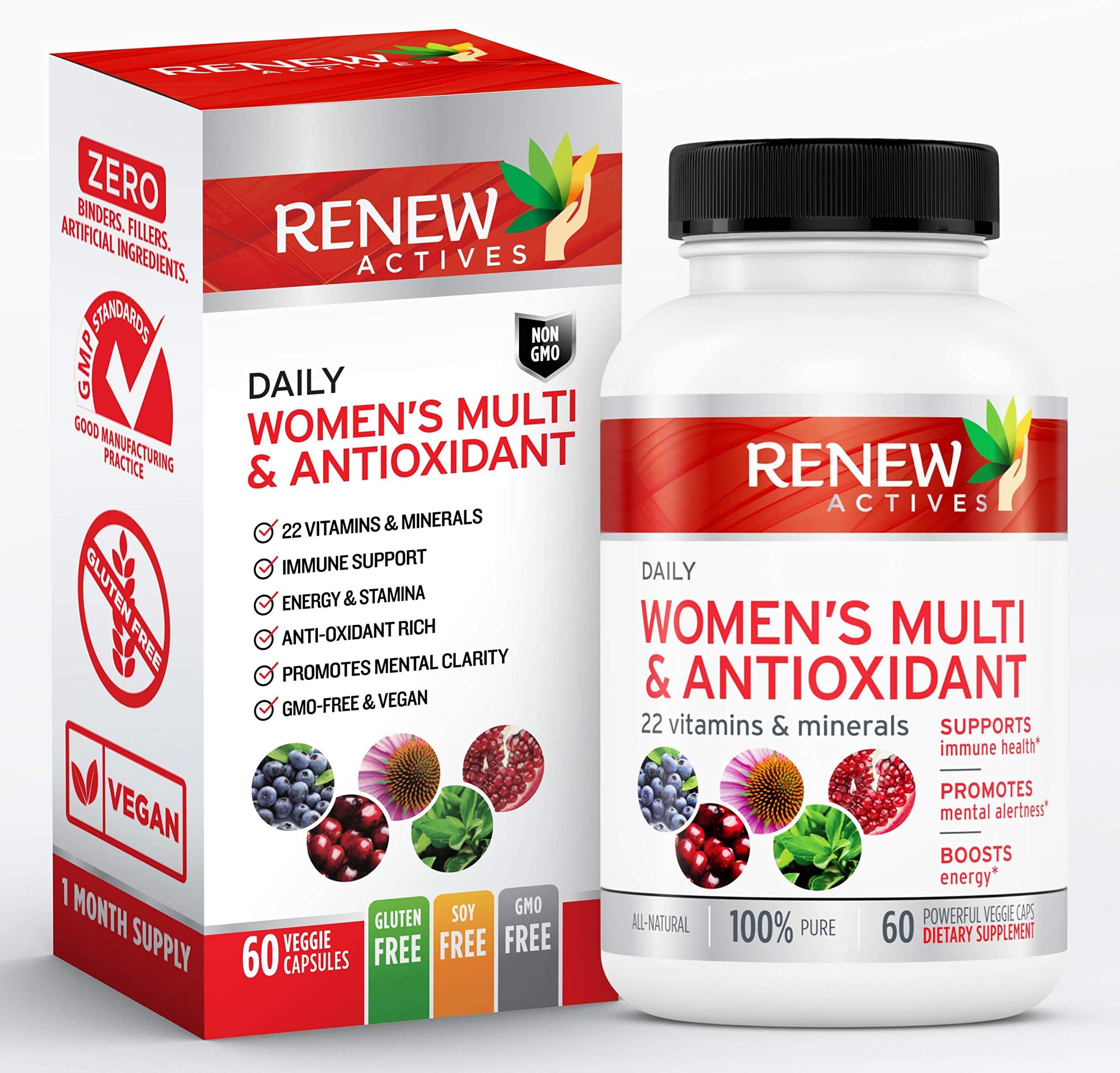 Renew Actives Women's Multi-Vitamin & Antioxidant: Daily Health Supplement - 22 Vitamins & Minerals for Energy & Mental Alertness, 2 Capsules per Serving - 60 Capsules