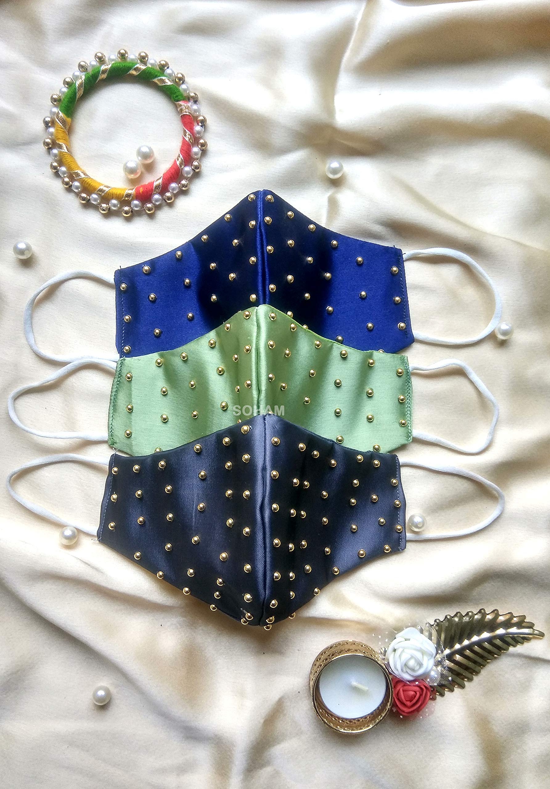 Shree Shree tradersFashion WEDDING SPECIAL Washable Light Weight Reusable Unisex Cotton Satin Cloth Face Mask Without Valve (GREEN-BLUE-GRAY COMBO)