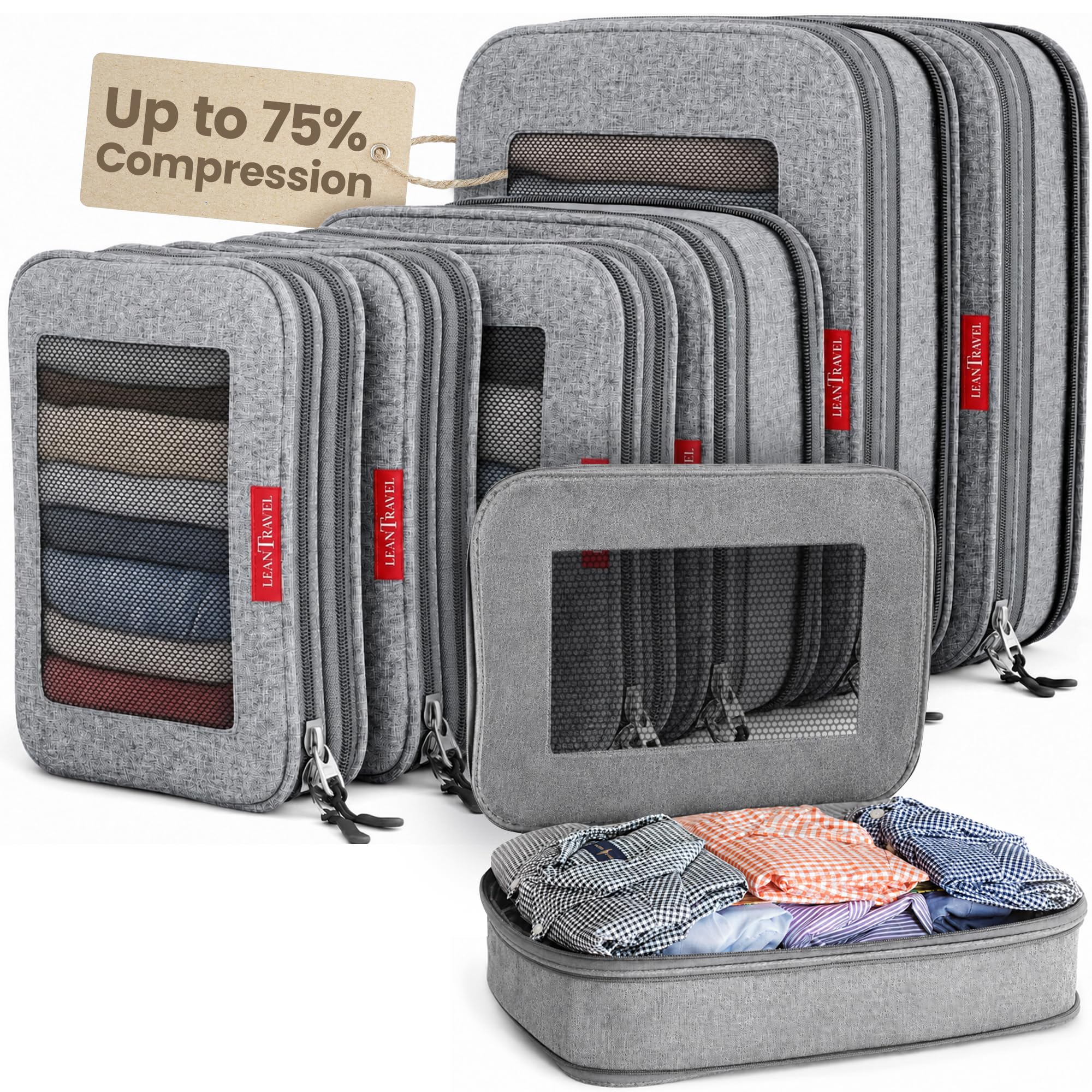 LeanTravel Compression Packing Cubes Luggage Organizers (6) Set Grey