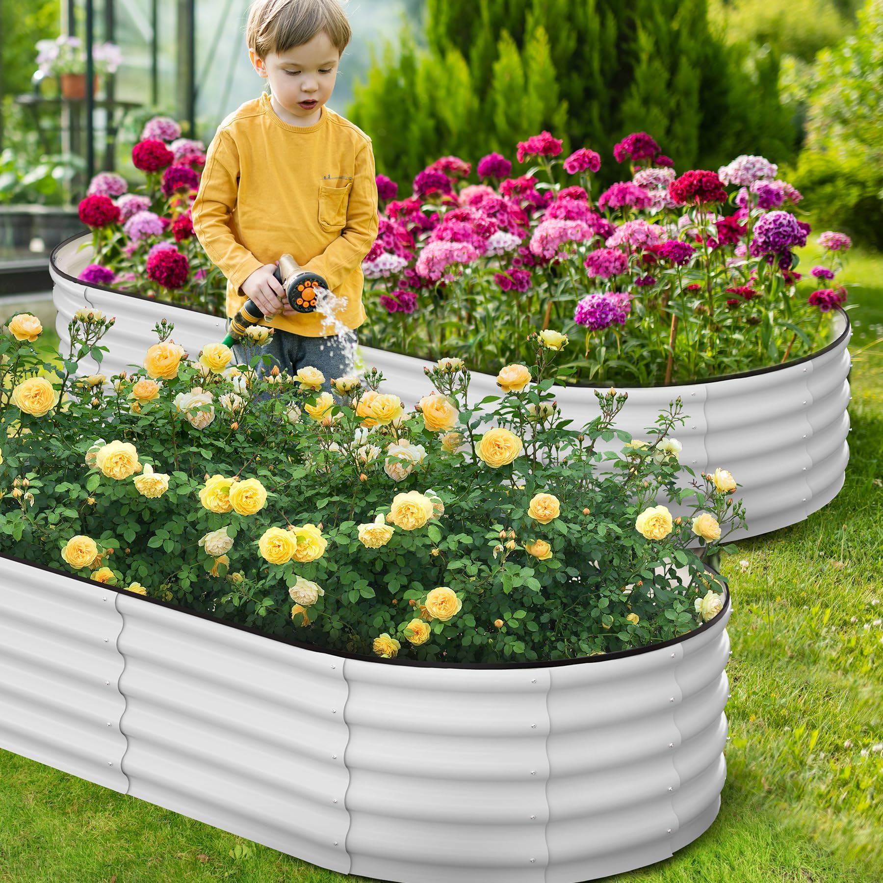 Huerto Elevado Ovalado y Circular de Pie para Exterior, Jardinería en Terraza, Balcón, Jardín, Grosor 0,7 mm, para Tomates, Verduras, Flores, Hierbas Aromáticas, 8x2x2FT, Blanco Crema