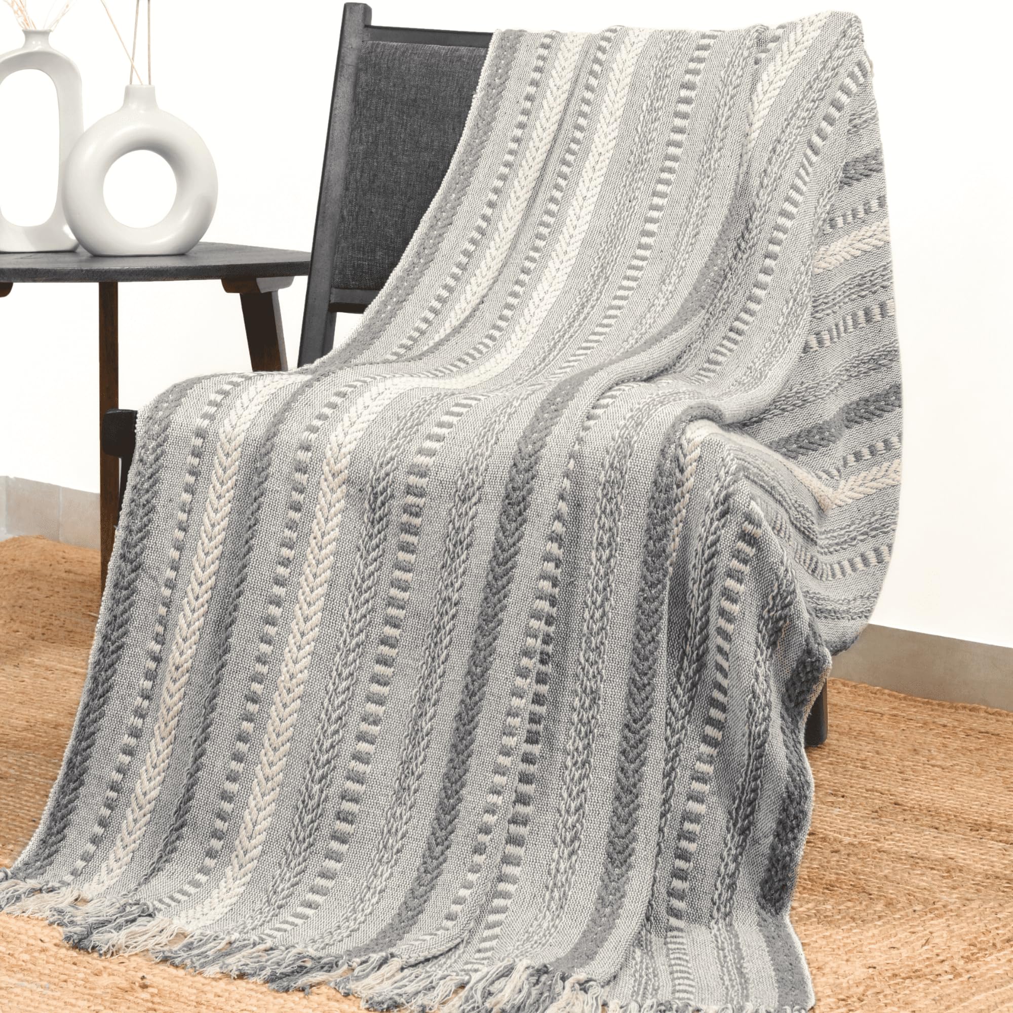 Rajrang Grey Farmhouse Throw Blanket With Decorative Tassel - 50X60 Inches Vintage Braided Striped Soft Woven Throws - Quiet Shade