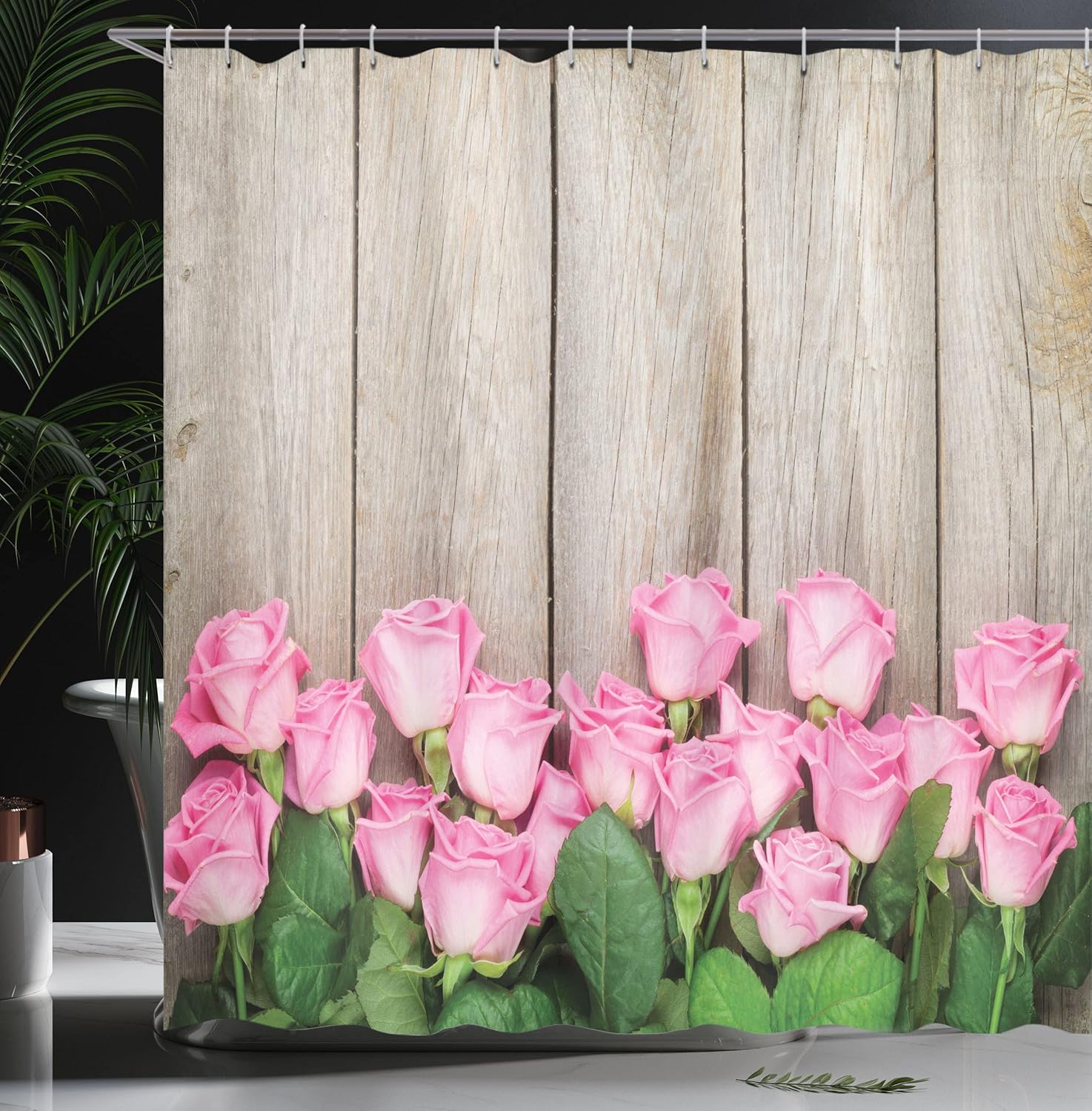 Ambesonne Rose Shower Curtain, Valentines Day Background with Pink Roses Over Wooden Table Top View Picture, Cloth Fabric Bathroom Decor Set with Hooks, 69" W x 70" L, Pink Green