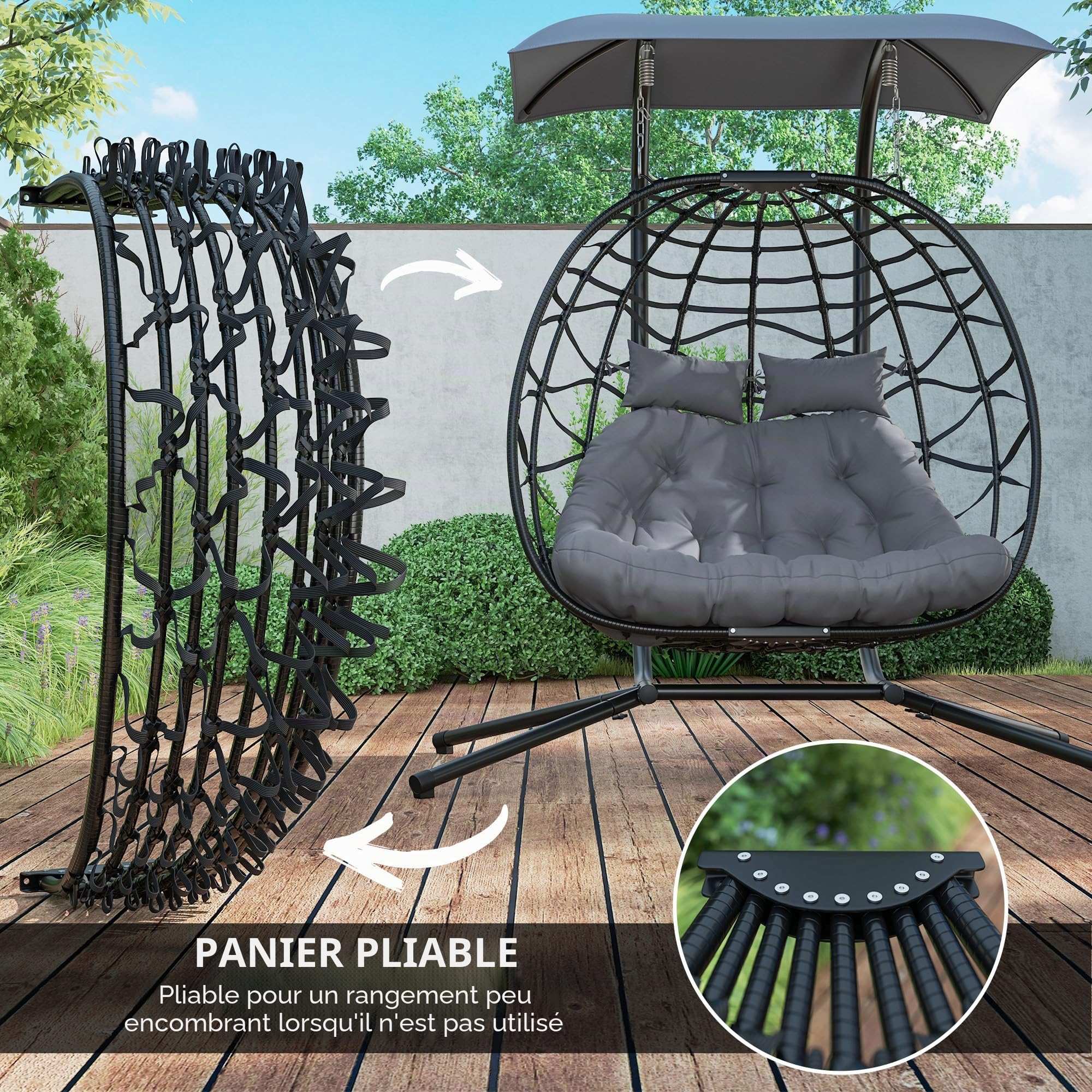Outsunny Chaise Œuf Suspendue Double Baldaquin,Coussins,Appuie-tête,Noir