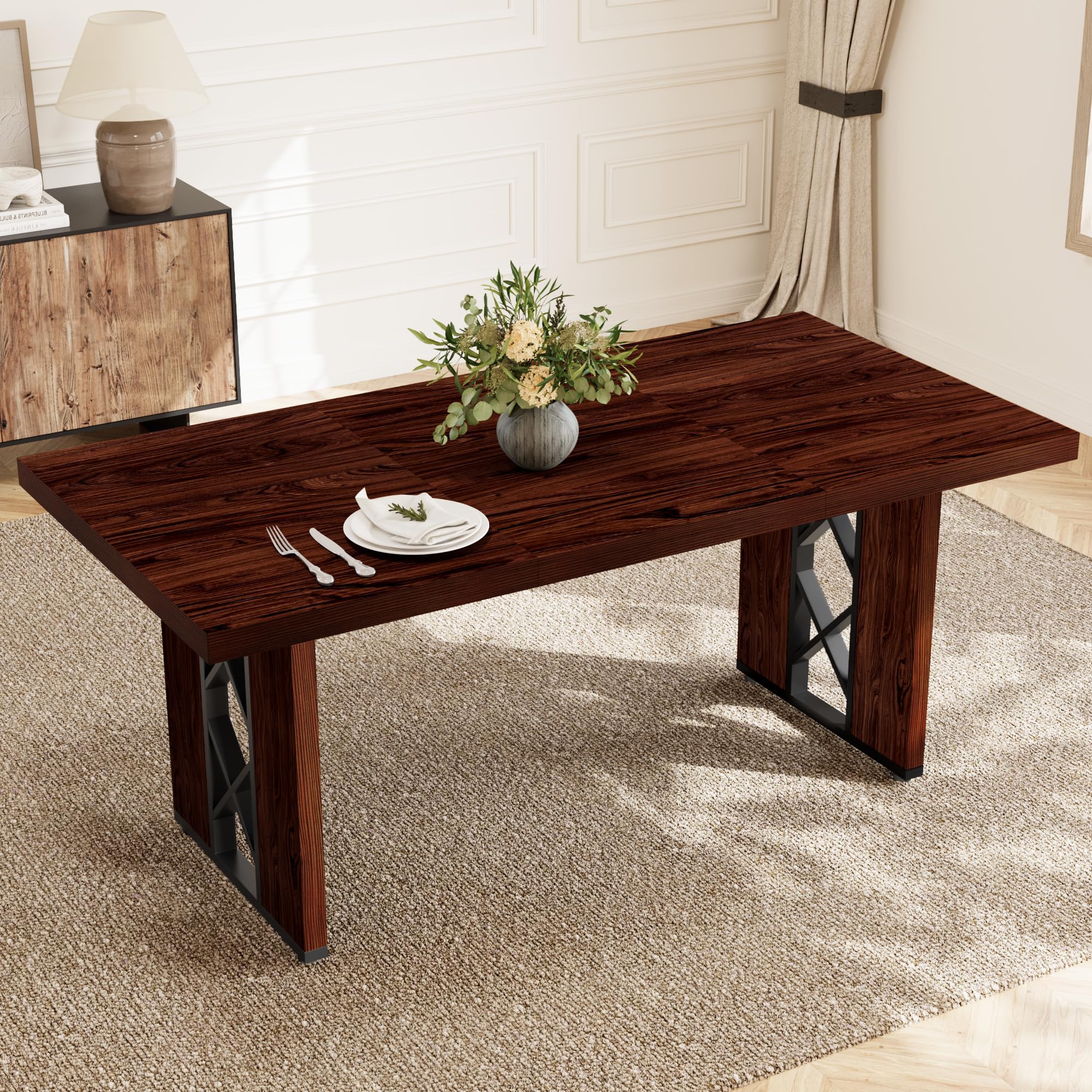 Esstisch im Landhausstil für 6 Personen, 180 cm großer rechteckiger Küchentisch mit robusten Metallbeinen, Moderne rustikale Esszimmermöbel im Industrial-Stil,Walnut