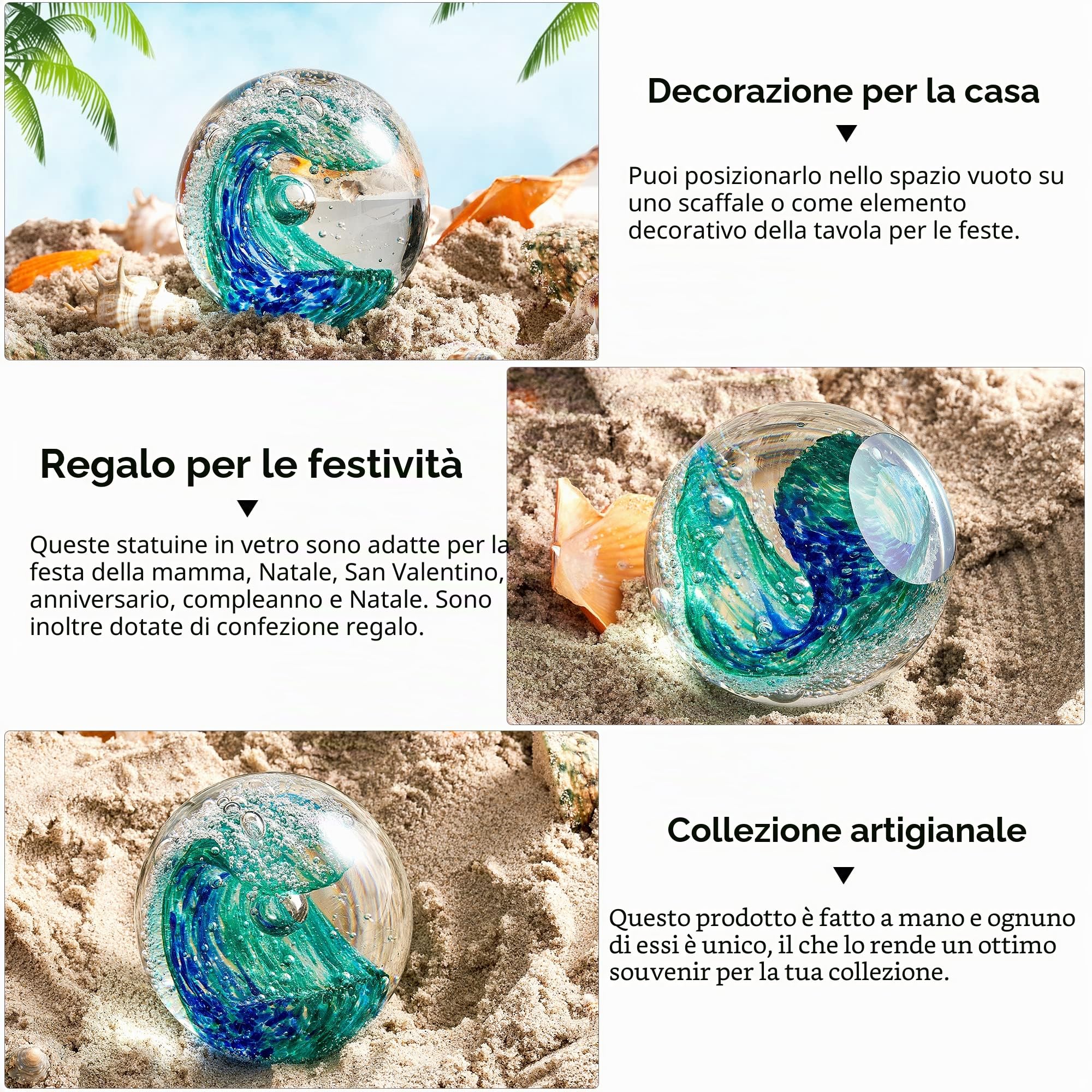 EUSTUMA Statuetta in vetro soffiato a mano con onde oceaniche, palla di vetro fermacarte, decorazione per la casa e l'ufficio per gli amanti dell'acquario
