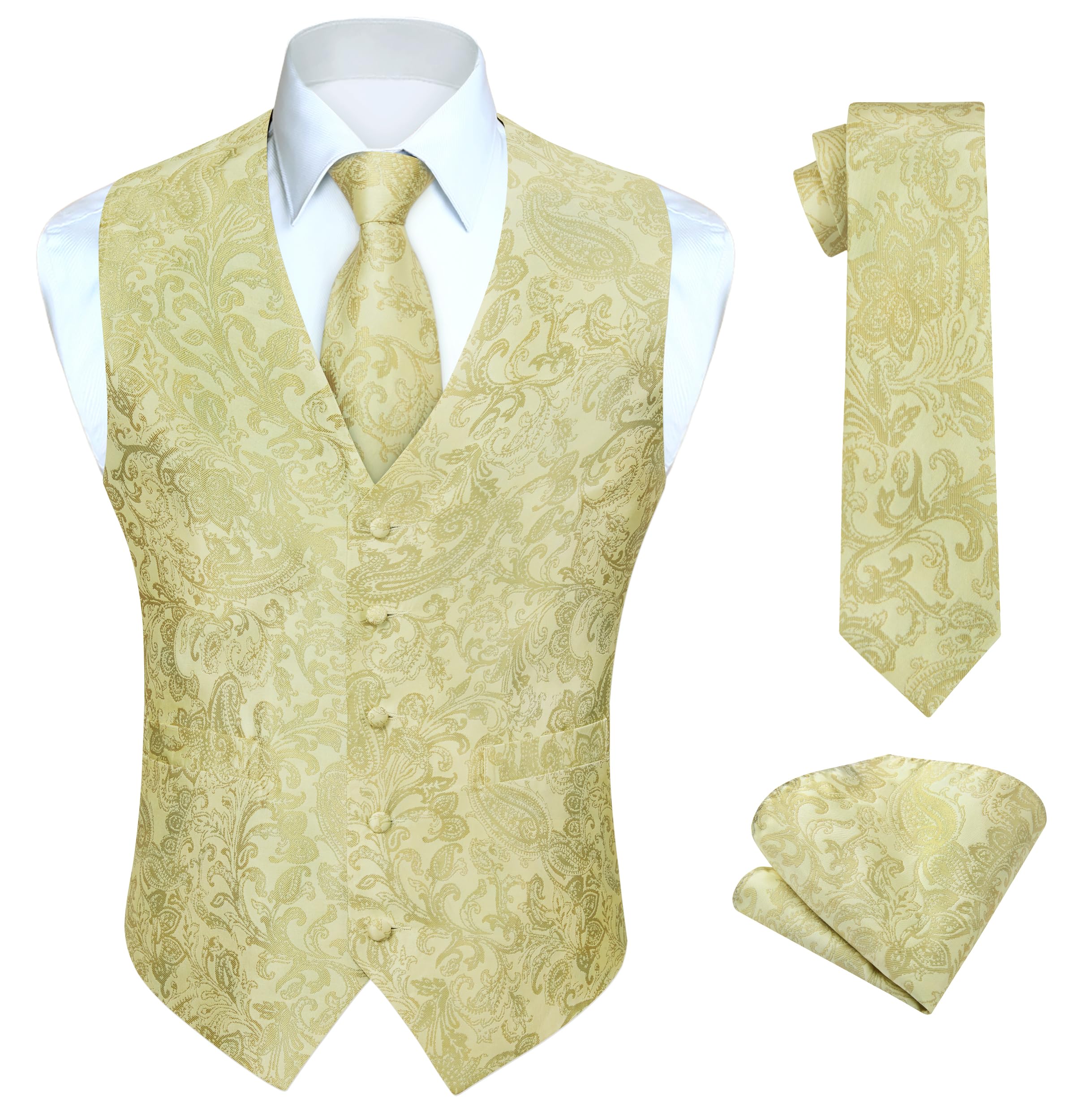 HISDERN Mens Vest Tie Set 3PC Formal Waistcoat Paisley Floral Jacquard Necktie Pocket Square Suit Vests Wedding Party