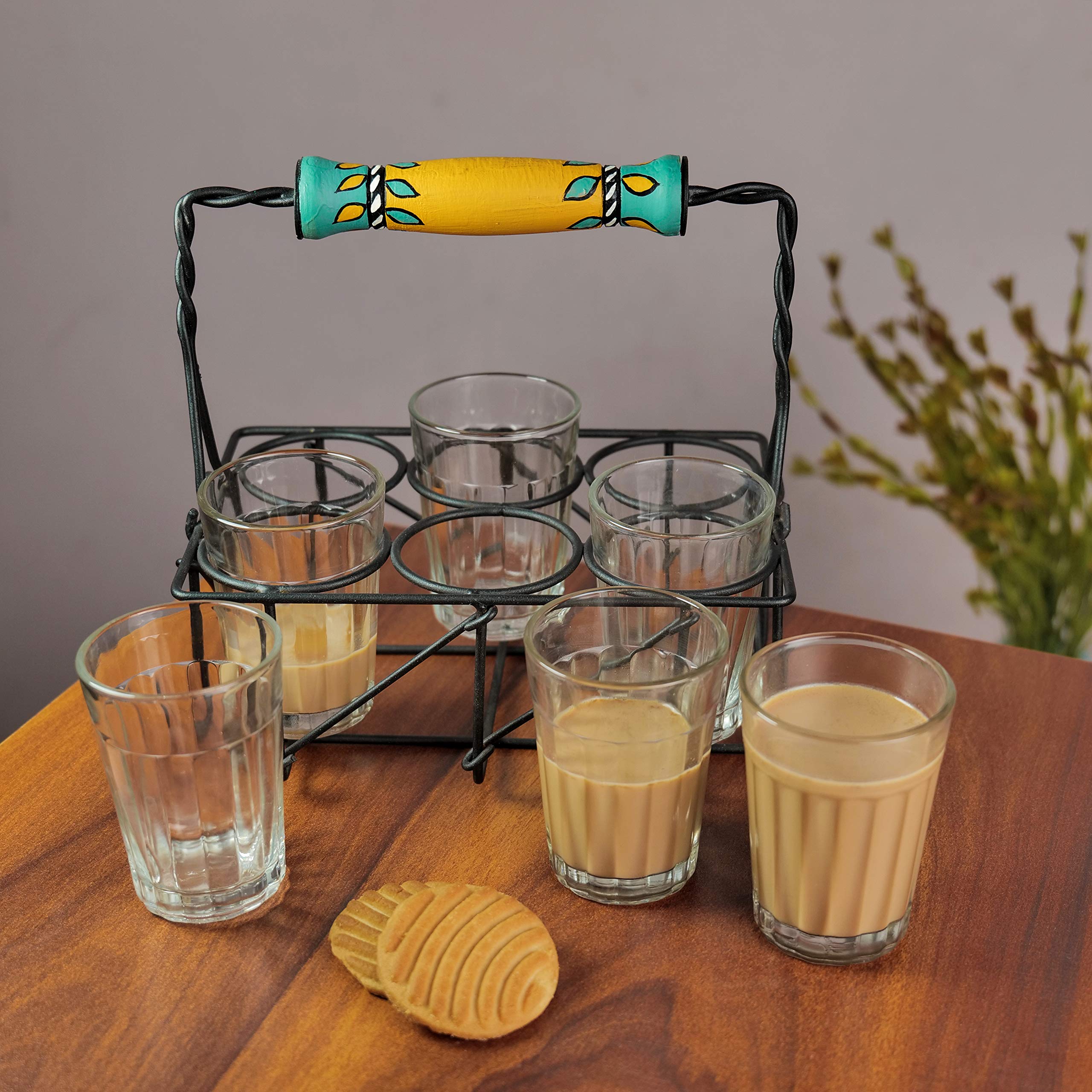 ARTYSTA BEAUTIFYING LIVES 'Leaflet Transparent' Cutting Chai Glasses With Stand | Tea Glass Set Of 6 With Stand | Dhaba Style Tea Glass Holder Carrier (Wrought Iron), 120 ML