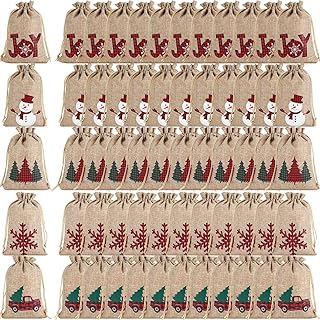 Paterr 100 Pcs Christmas Burlap Treat Bags Bulk for Party Favors 4x 6 Inch Christmas Linen Bags with Drawstring Small Jute Christmas Gift Bag Reusable Linen Treat Sacks for Holiday (Plaid Style)