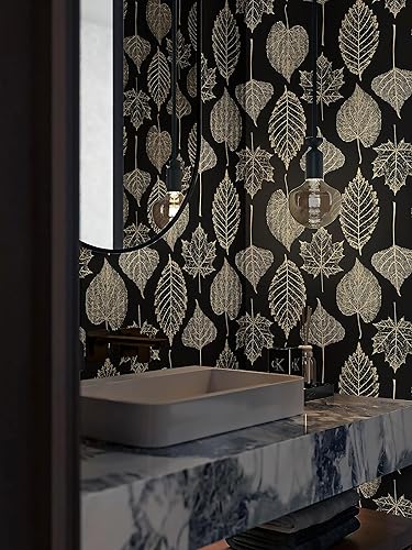 Miniatura 2 de Ismoon Papel tapiz de hojas para despegar y pegar, papel tapiz moderno de hojas de arce para despegar y pegar, papel tapiz de contacto negrodorado,