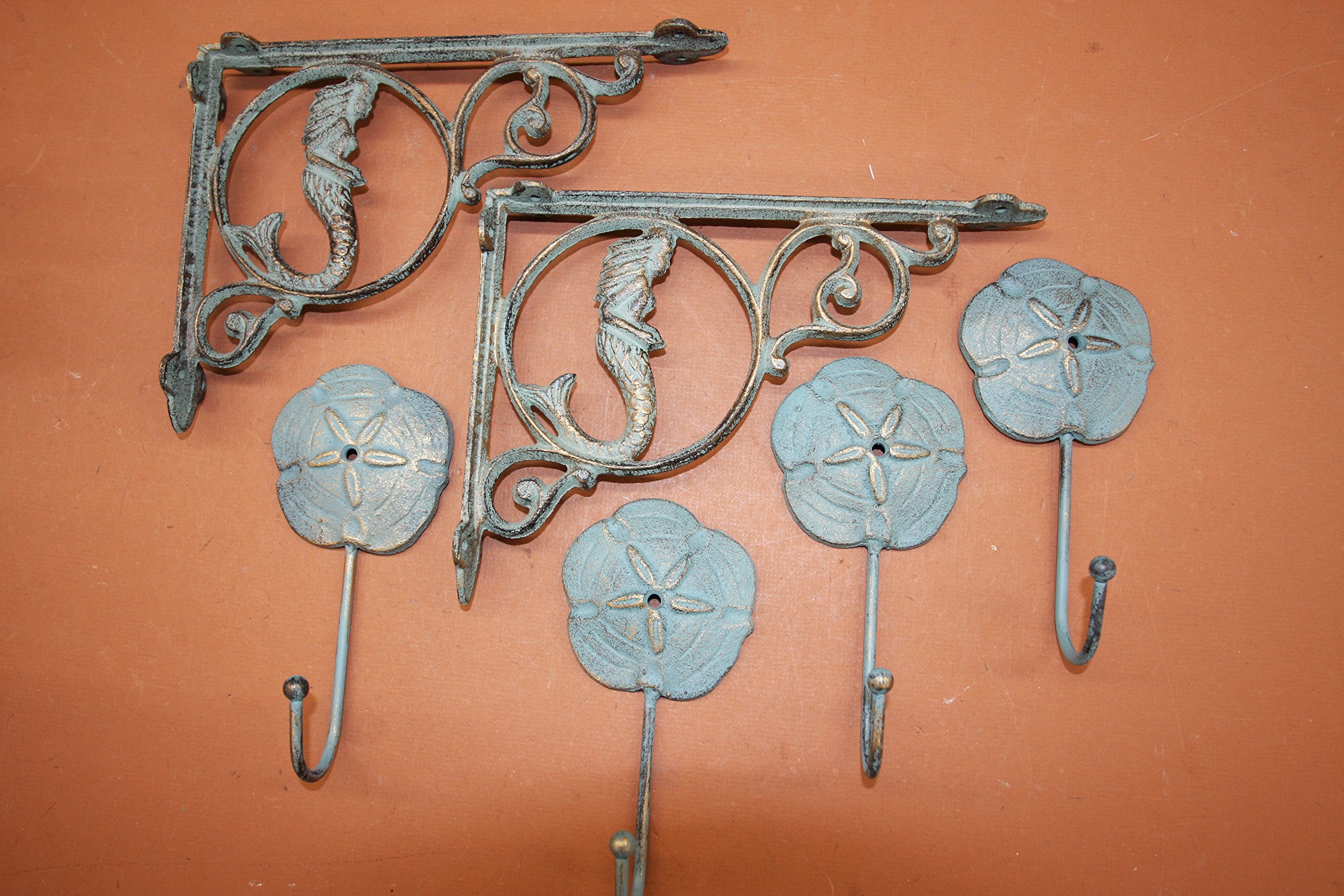 Antique-Look Mermaid Corbels Sand Dollar Wall Hook Set, Cast Iron Bronze-Look Bundle 6 Items