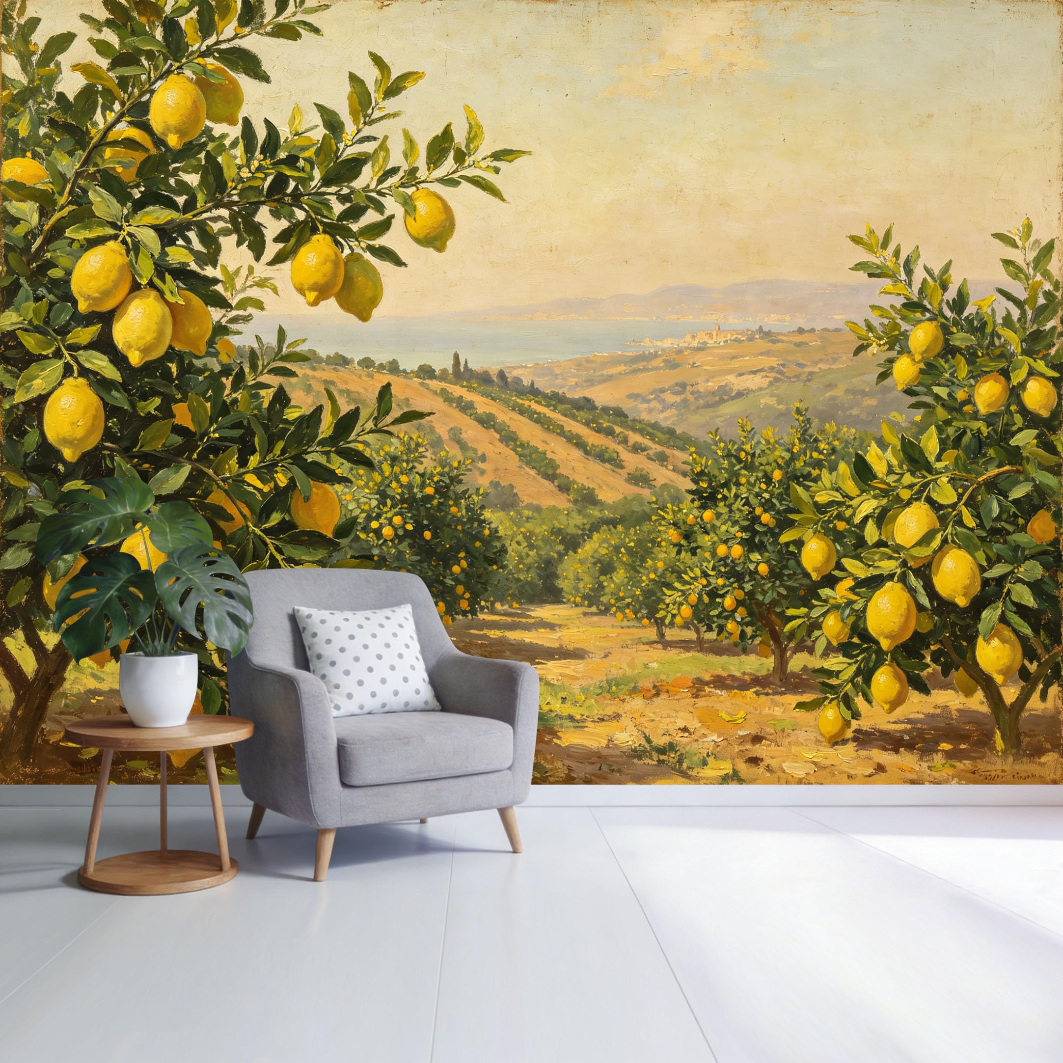 Custom Size Wall Mural Lemon Orchard Landscape Coastal Countryside Oil Painting Style SelfAdhesive Wall Fabric Removable Wallpaper for Home Office Decor