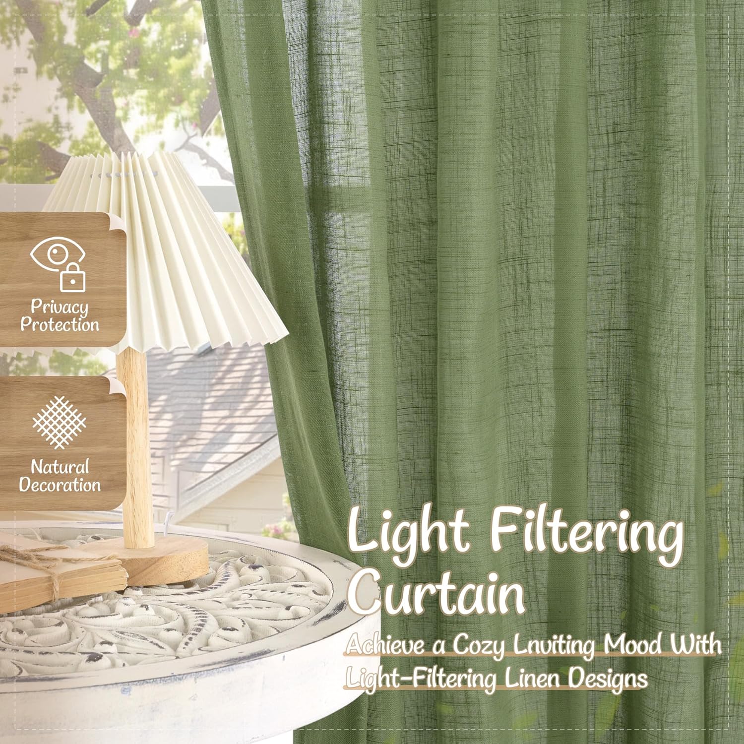 LAMIT Sage Green Sheer Linen Curtains 84 Inch Length for Living Room, Light Filtering Spring Decor Panels Back Tab and Rod Pocket Boho Drapes for Bedroom/Sliding Glass Door, 2 Panels, 52 x 84 Inch