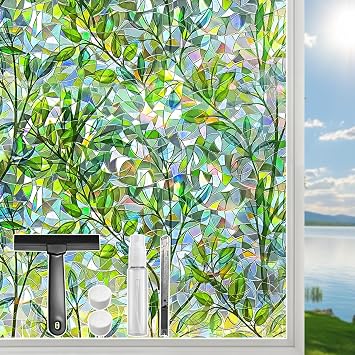 DUOFIRE Window Privacy Film Decorative Stained Glass Window Film Rainbow Foliage Window Cling Anti UV Non-Adhesive Static Cling Reusable Colorful Window Decal for Home 35.4 78.7 inches