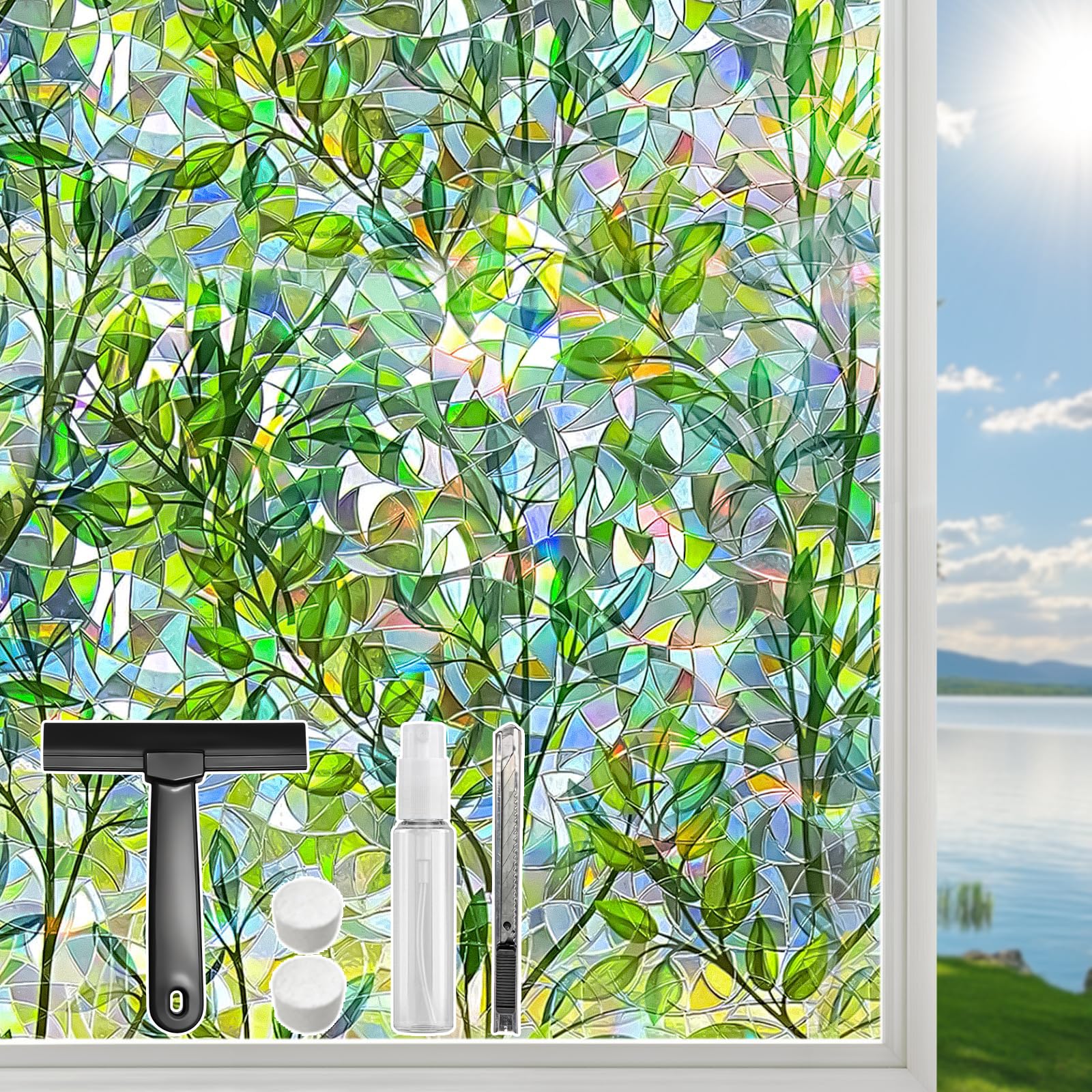 DUOFIRE Sichtschutzfolie für Fenster, dekorativ, Buntglas, Regenbogen-Laub, Fensterfolie, UV-Schutz, nicht klebend, statisch, wiederverwendbar, bunt, Fensteraufkleber für Zuhause, 90 x 200 cm