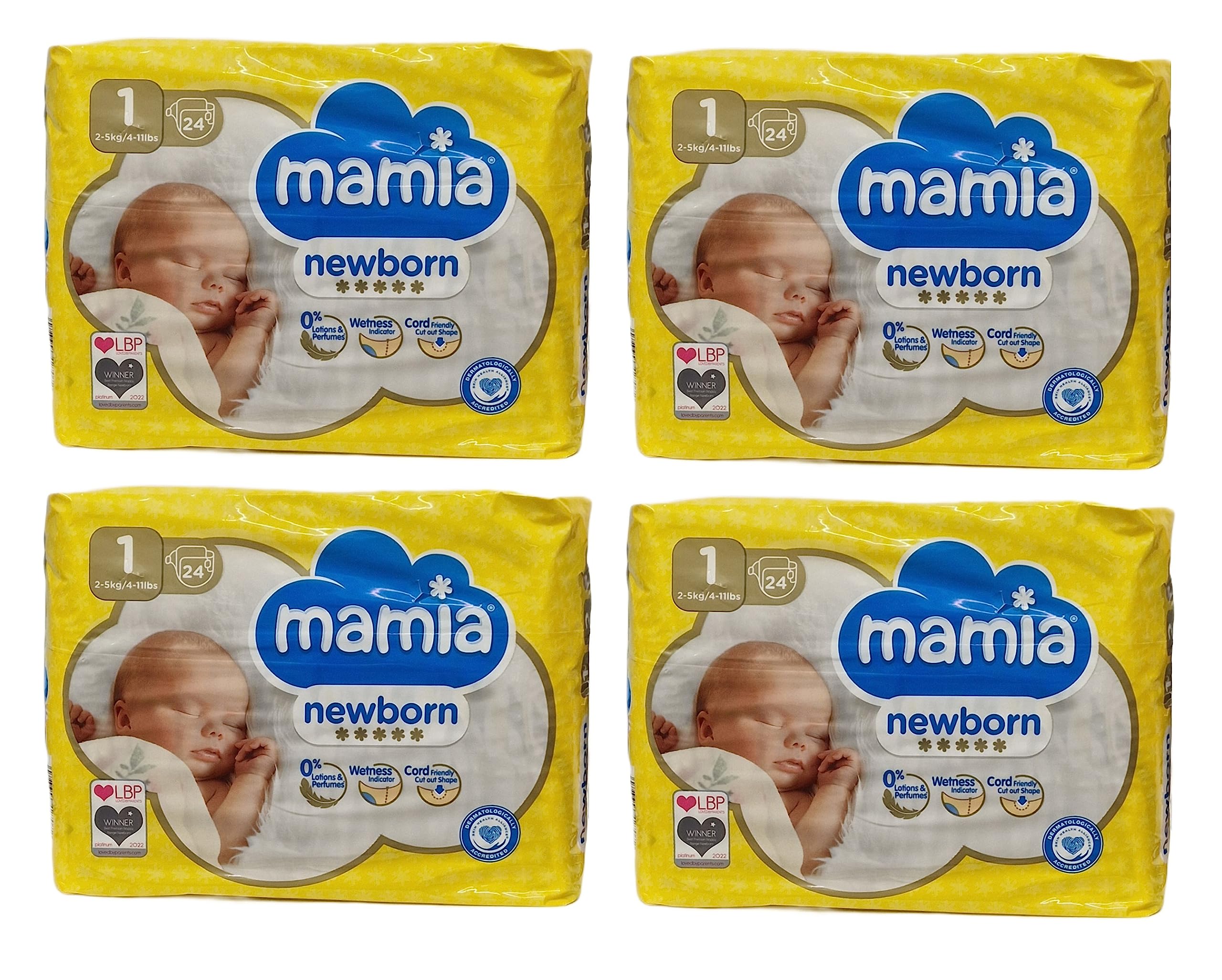 Baby Newborn Nappies Premium, Size 1, 2-5kg/4-11lbs, 4 x 24 (96 Nappies)