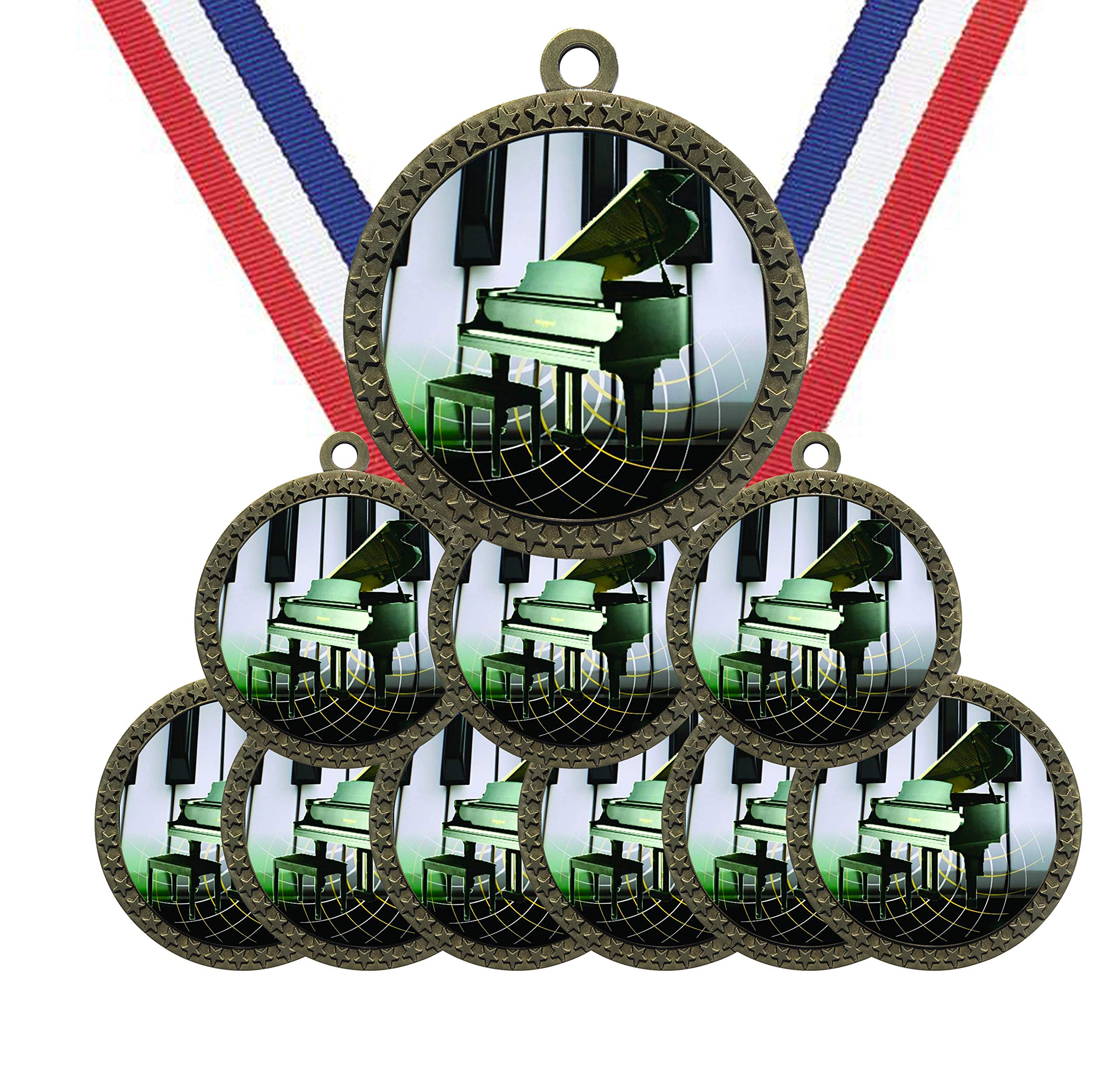 Express Medals Large 2-1/2 inch Diameter Metal Antique Gold Piano Recital Student Lesson Star Award Trophy Champion Winner with Red White and Blue Neck Ribbons (Pack of 10)