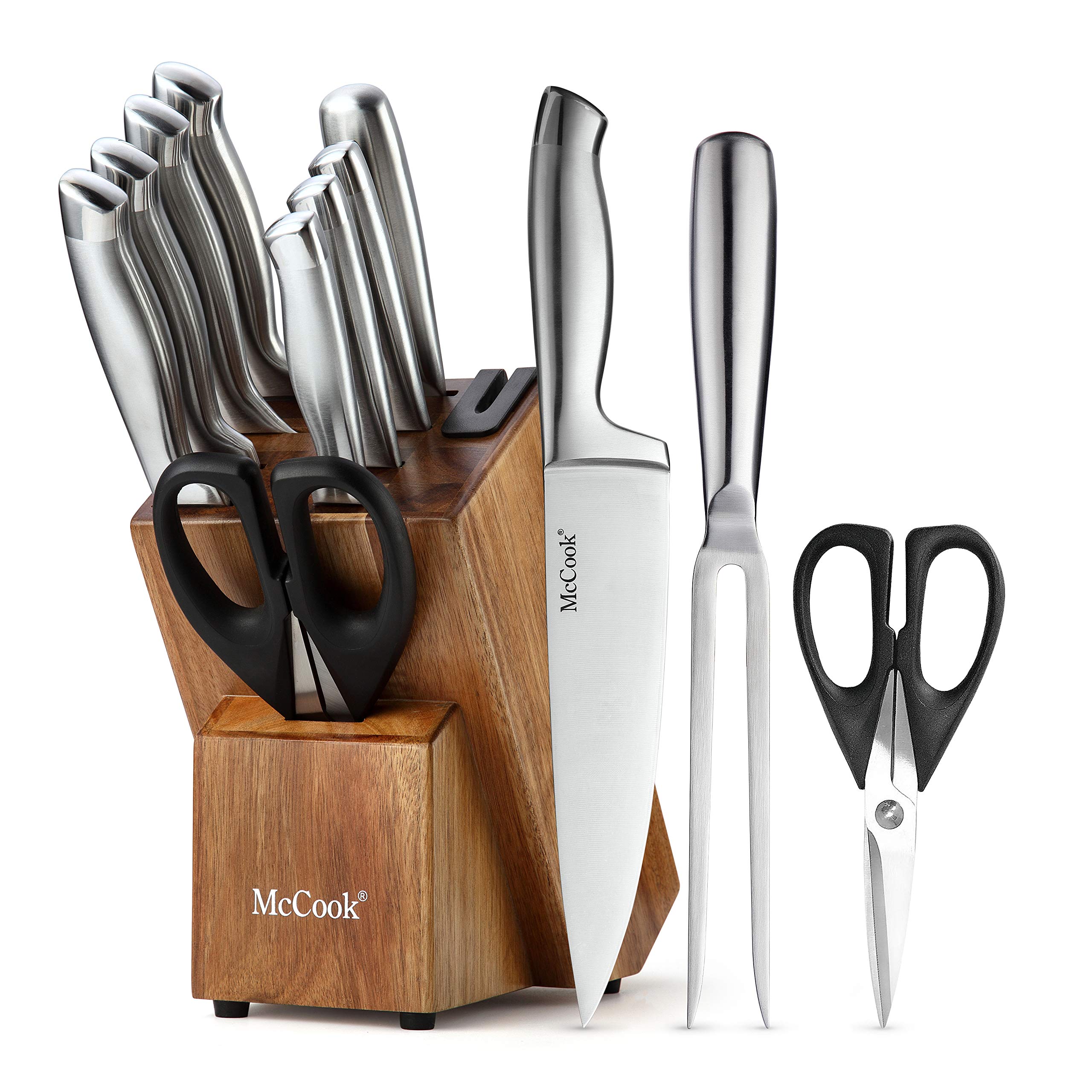 McCook MC35 Knife Sets,11 Pieces German Stainless Steel Hollow Handle Self Sharpening Kitchen Knife Set in Acacia Block