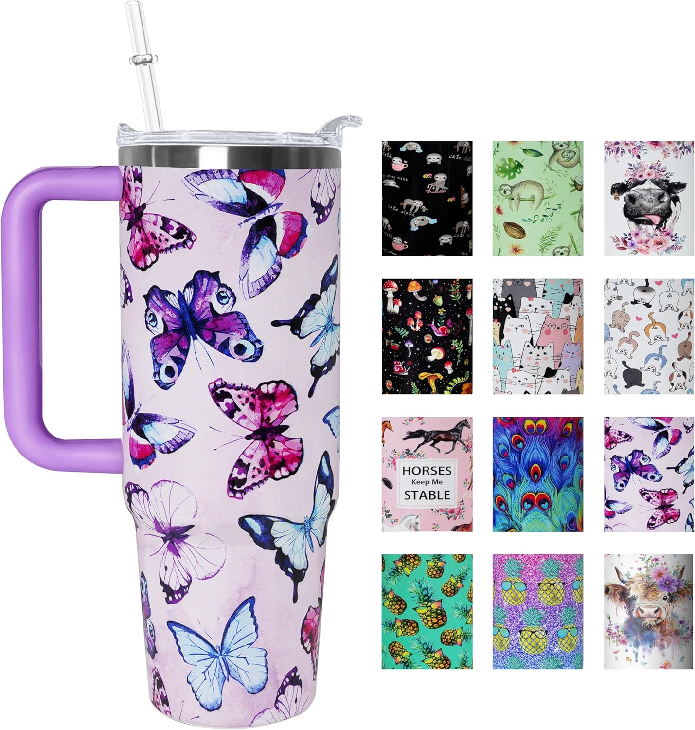 30 oz Purple Butterfly Lover Gift Tumbler with Handle Straw Lid 30oz Purple Butterfly Themed Water Bottle Double Stainless Steel Insulated Basketball Cup Travel Coffee Mug