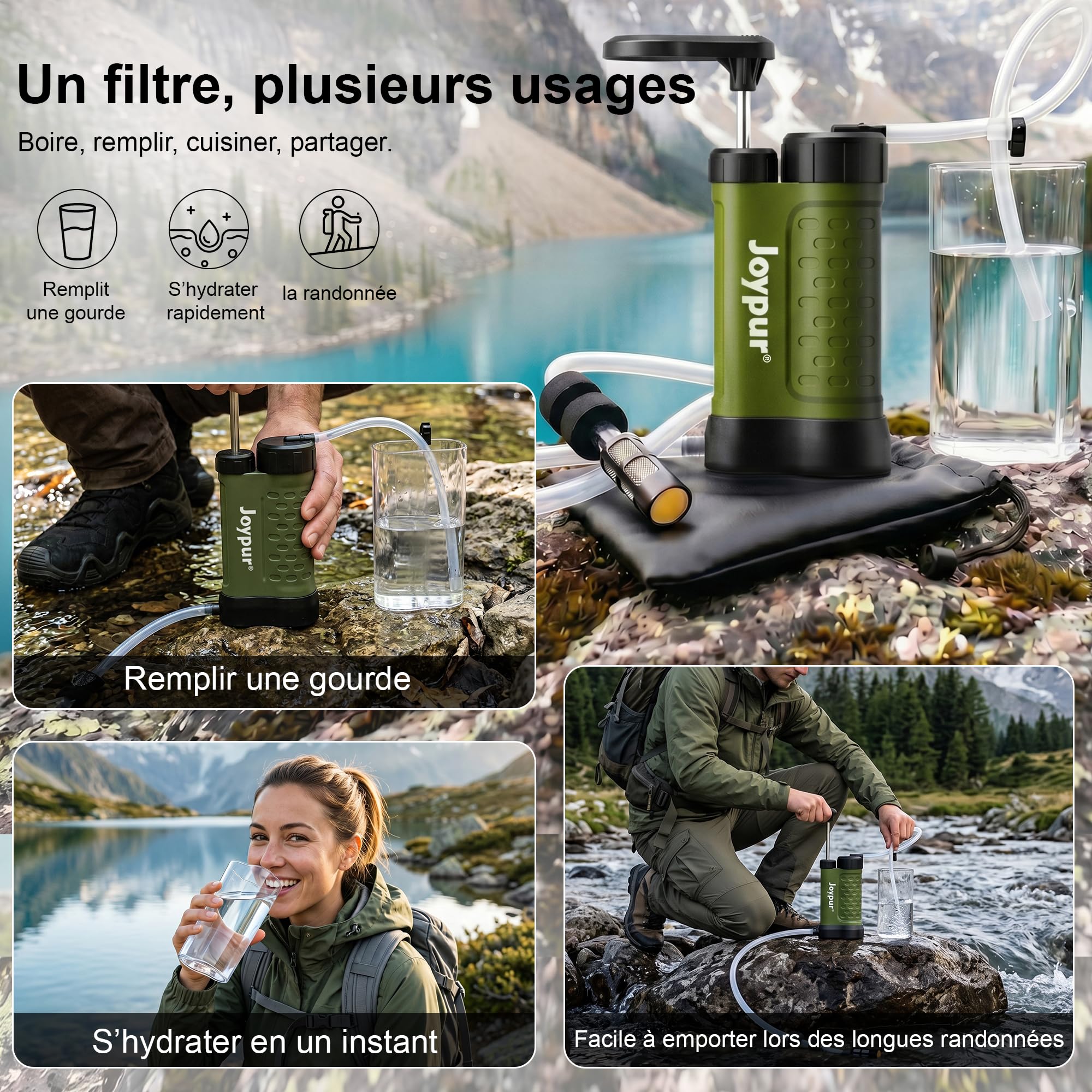 Filtre à Eau Portable 5 Étapes 0,01 μm, Pompe Filtrante Manuelle avec Gobelet 480 ml, Préfiltre Externe, Léger 340 g, pour Randonnée, Camping, Trekking et Activités en Plein Air（K8192-green）