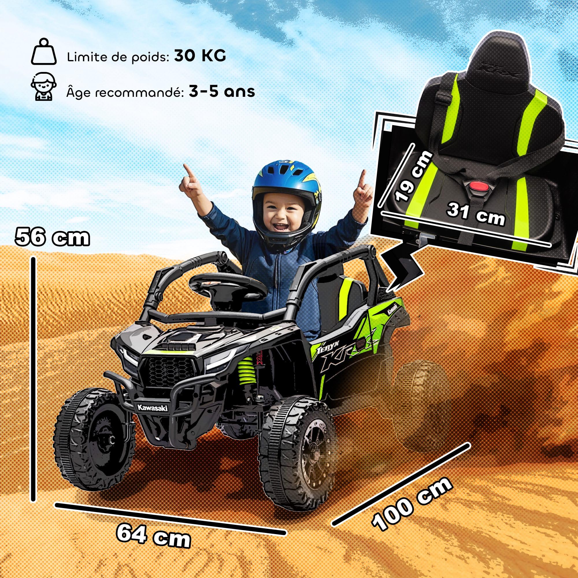 AIYAPLAY Voiture électrique Enfant UTV Kawasaki TERYX KRX 1000, Buggy électrique Enfant 12 V à 2 Moteurs 25 W avec télécommande 2,4 Ghz et Suspension arrière, phares LED, Musique et klaxon, Noir
