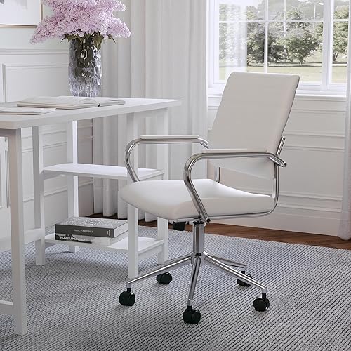 Miniatura 2 de Martha Stewart Piper - Silla giratoria con reposabrazos para oficina en casa en piel sintética blanca con marco de níquel pulido