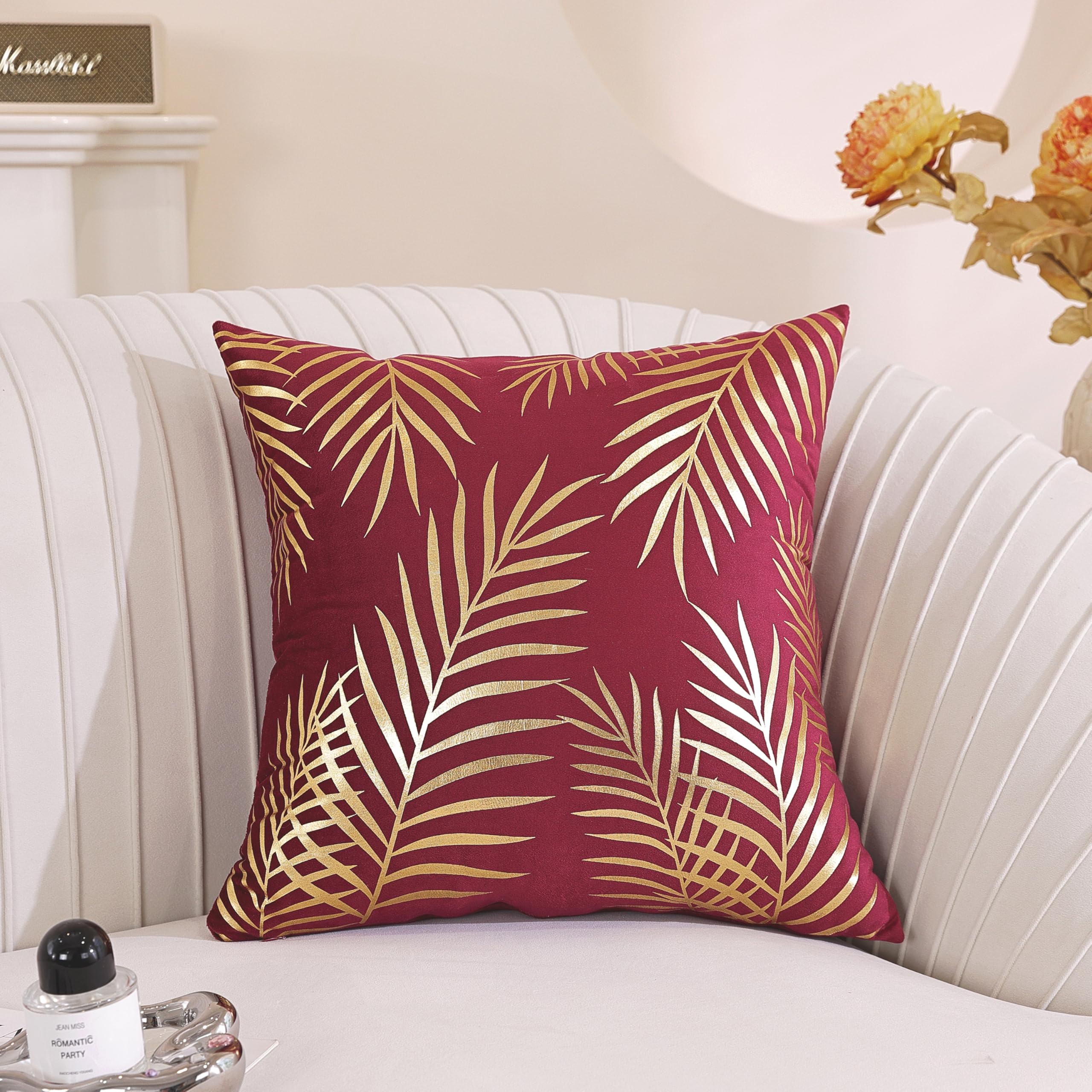 TAOSON Pack of 2,Gold Pillow Covers Velvet Cozy Soft Gold Stamping Leaves Decorative Cozy Soft Throw Pillow Cases Cushion Covers Shells for Sofa Couch Bed Home Decoration 18 x 18 Inches Wine Red