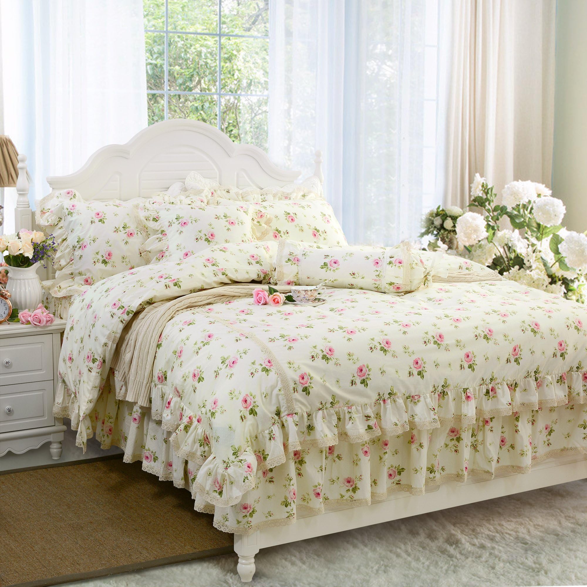 FADFAY Rosette Floral Print Duvet Cover Set Princess Lace Ruffle Bedding Set for Girls 4 Pieces Queen Size